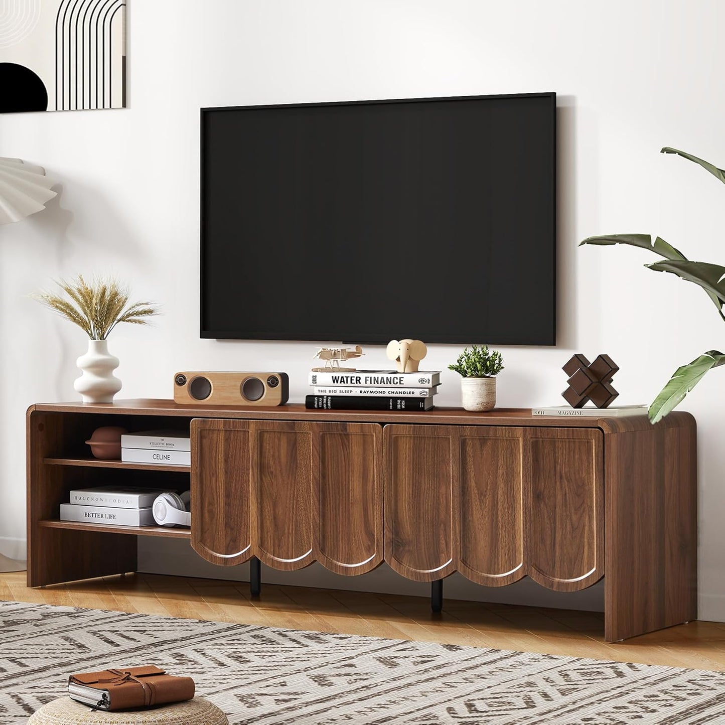 ORRD 63'' TV Stand, Modern TV Console Table Wave Panel Television Stands Entertainment Media Center with Storage Compartment and Sliding Door for Living Room (Walnut)