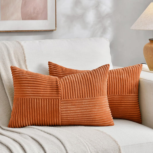 Fancy Homi 2 Packs Burnt Orange Lumbar Decorative Throw Pillow Covers 12x20 Inch for Living Room Couch Bed Sofa, Farmhouse Boho Home Decor, Soft Striped Corduroy Rectangle Accent Cushion Case 30x50 cm