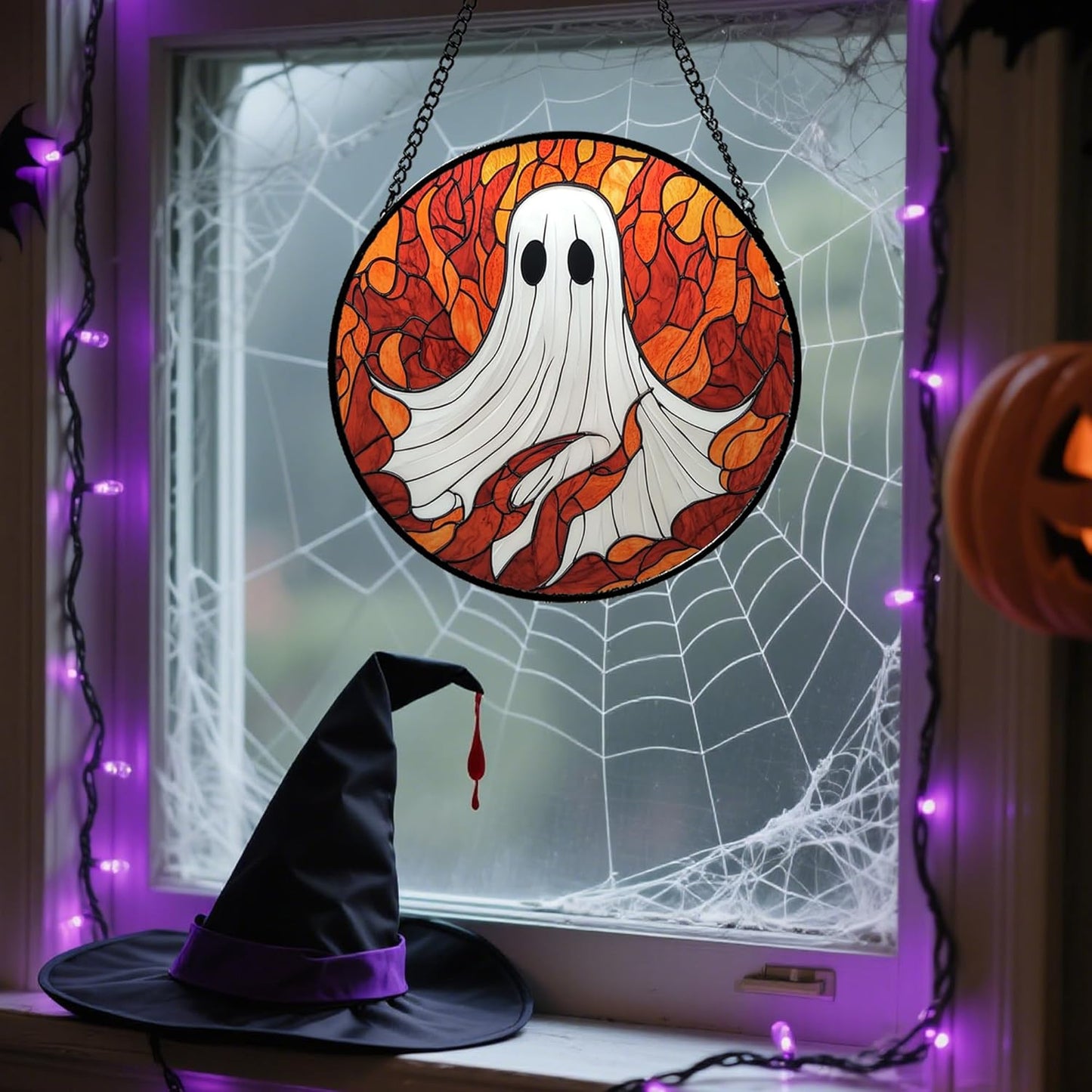 Stained Glass Window Hanging - Halloween Decorations White Ghost Orange Sky Suncatcher for Doors Garden Funny Spooky Sun Catchers Gothic Decor Horror Gifts for Women Men Friend Boy 7.8 in