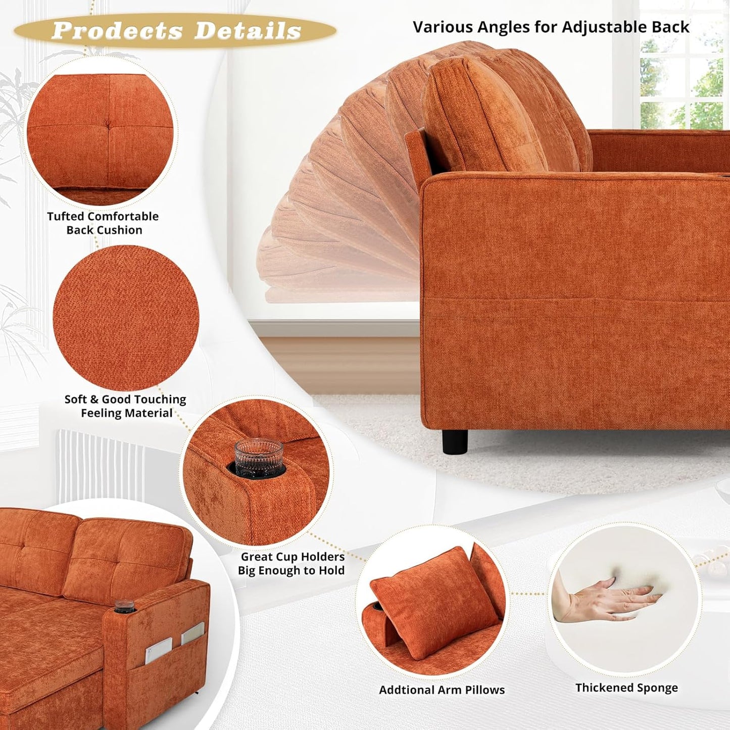 84 Inches Chenille Sectional Sofa w/Pull-Out Sofa Bed & Adjustable Back, Tufted L-Shaped Couch w/Storage Chaise, Sleeper Sectional Sofa w/USB Port & Cup Holders for Living Room, Orange