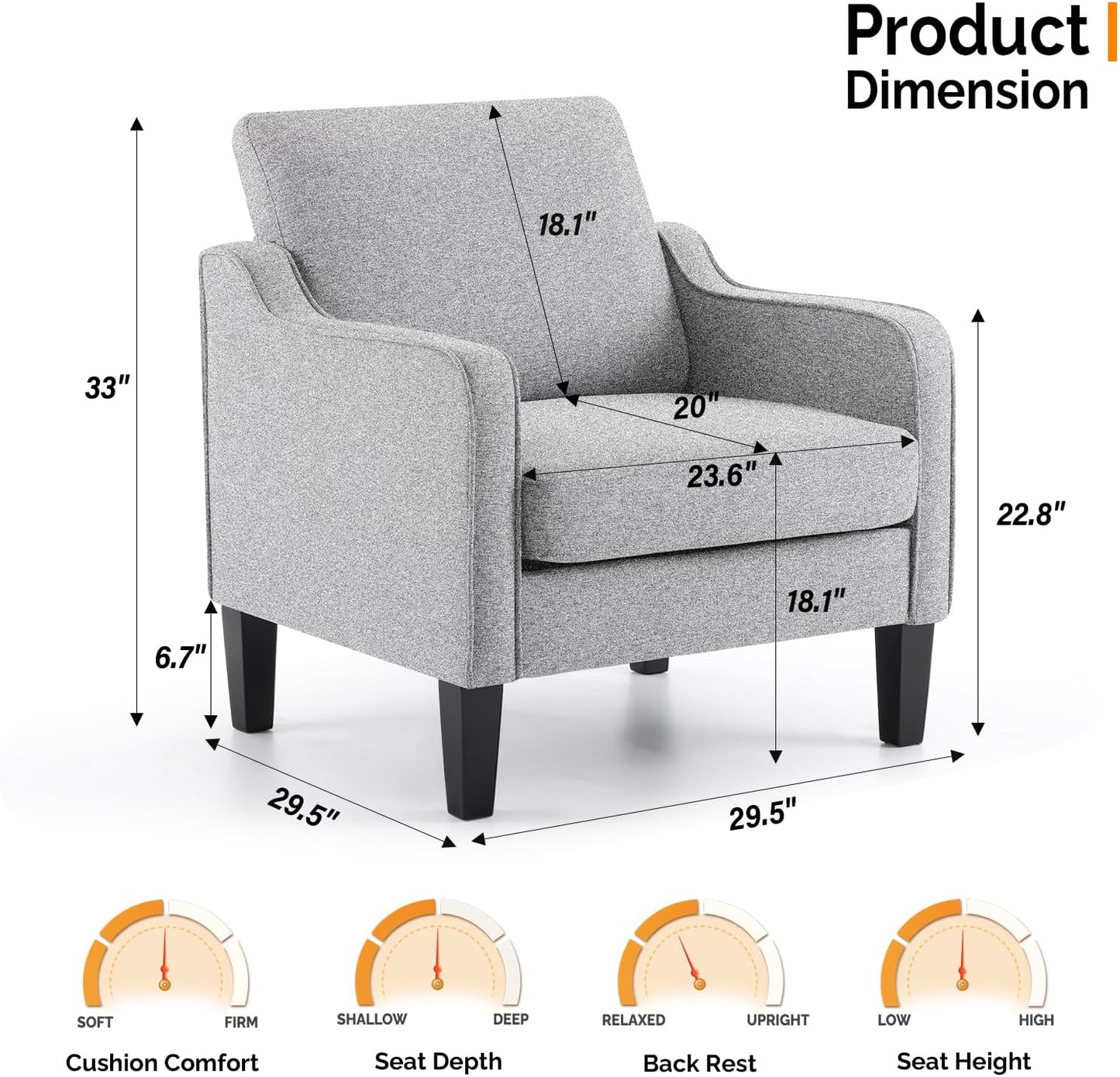 VINGLI Accent Chairs for Living Room Mid Century Modern Chair Sofa Chair Upholstered Arm Chair with Scooped Arms for Bedroom, Apartment, Office, Studio, Waiting Room, Play Room