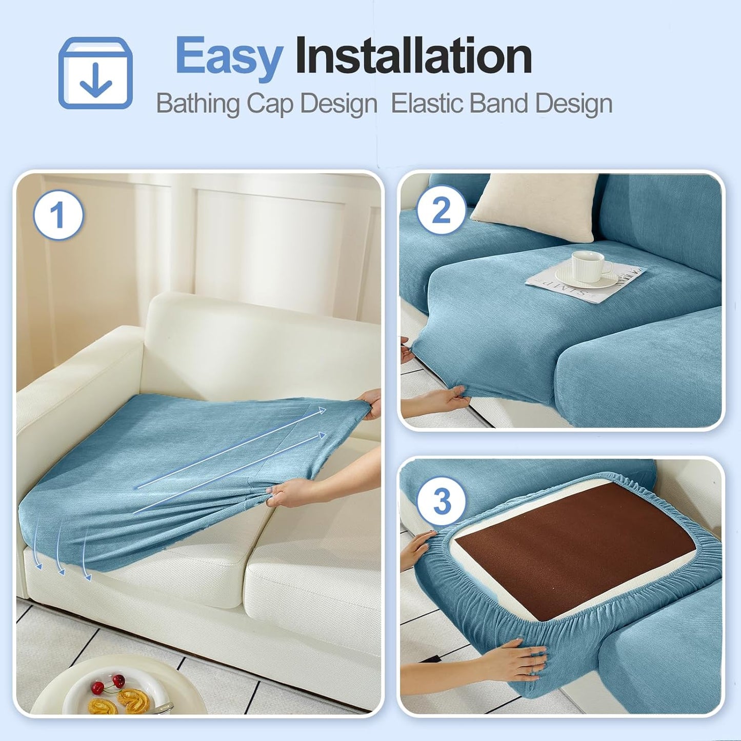 Couch Cushion Covers Individual Large Super Stretch Chenille (Softer Version) Sofa Cushion Covers, Couch Seat Covers Couch Slipcovers Furniture Protector (2PC, Blue)