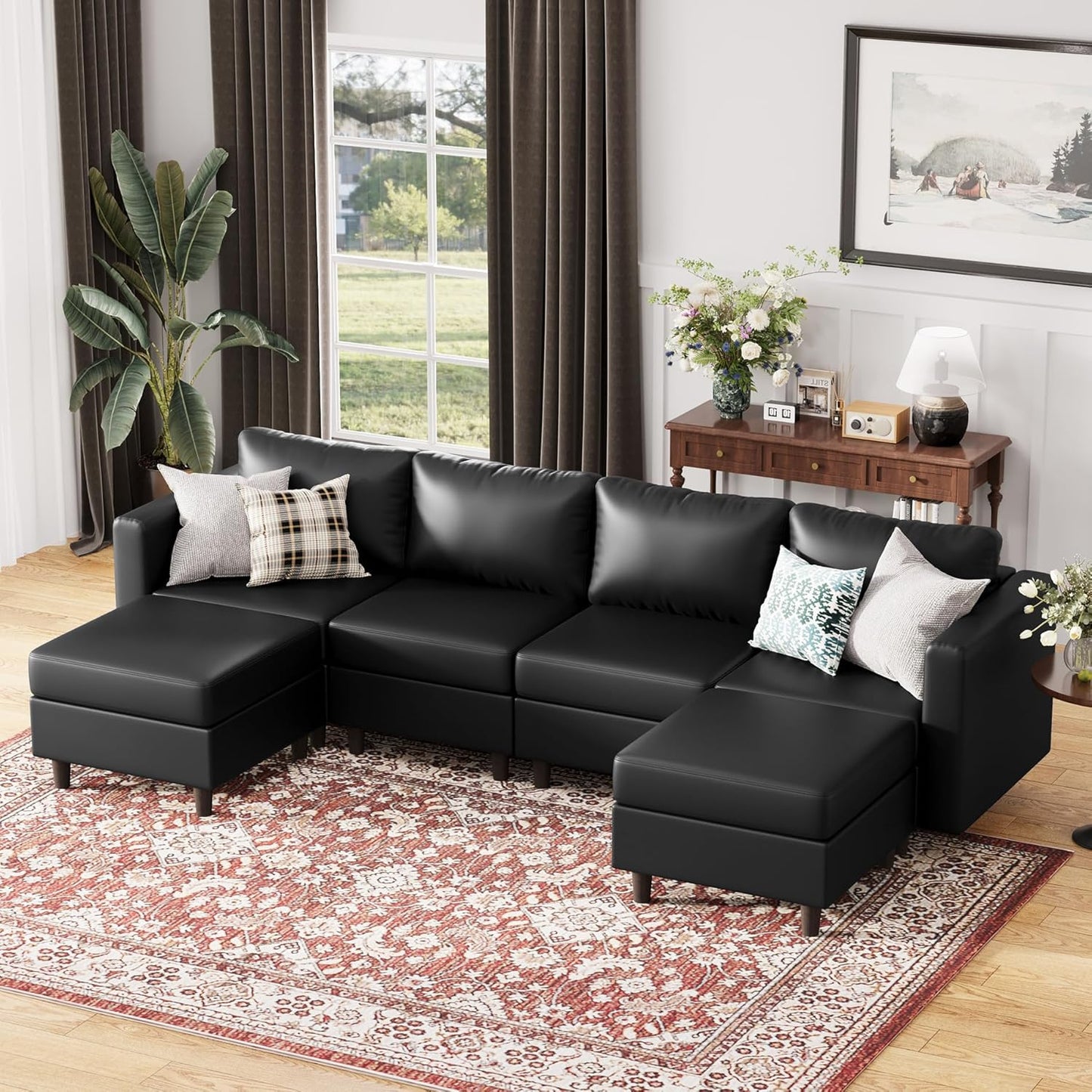 118.5" Oversized Modular Sectional Sofa, Faux Leather 6 Seater U Shaped Couch with Movable Ottoman and Storage Seat with Reversible Chaise Deep Seat for Living Room Black