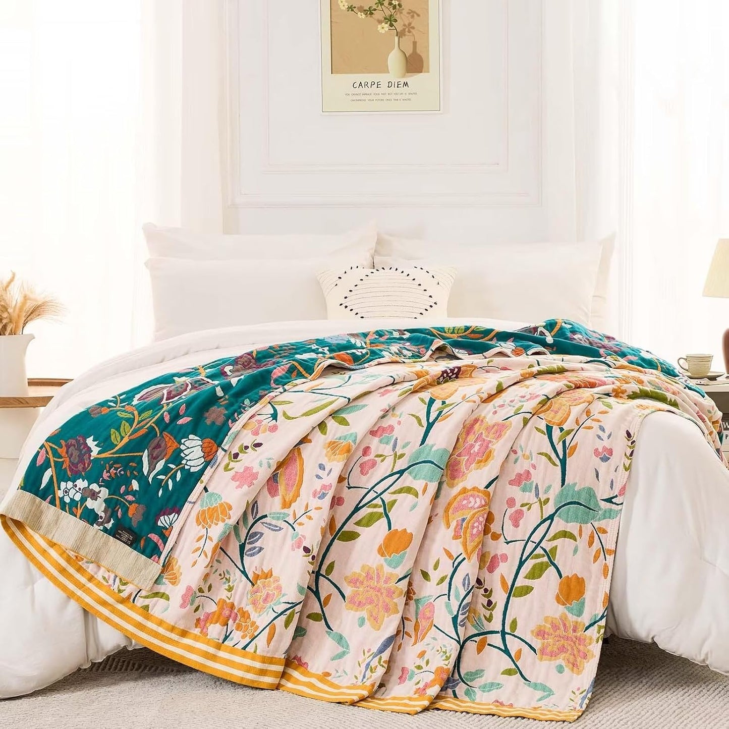 Boho Throw Blanket for Bed, 100% Cotton Soft Rustic Quilt Fall Blanket, 80" 90" Floral Printed Farmhouse Decor Bed Blankets, All Season Rustic Reversible Bohemian Throw Quilt