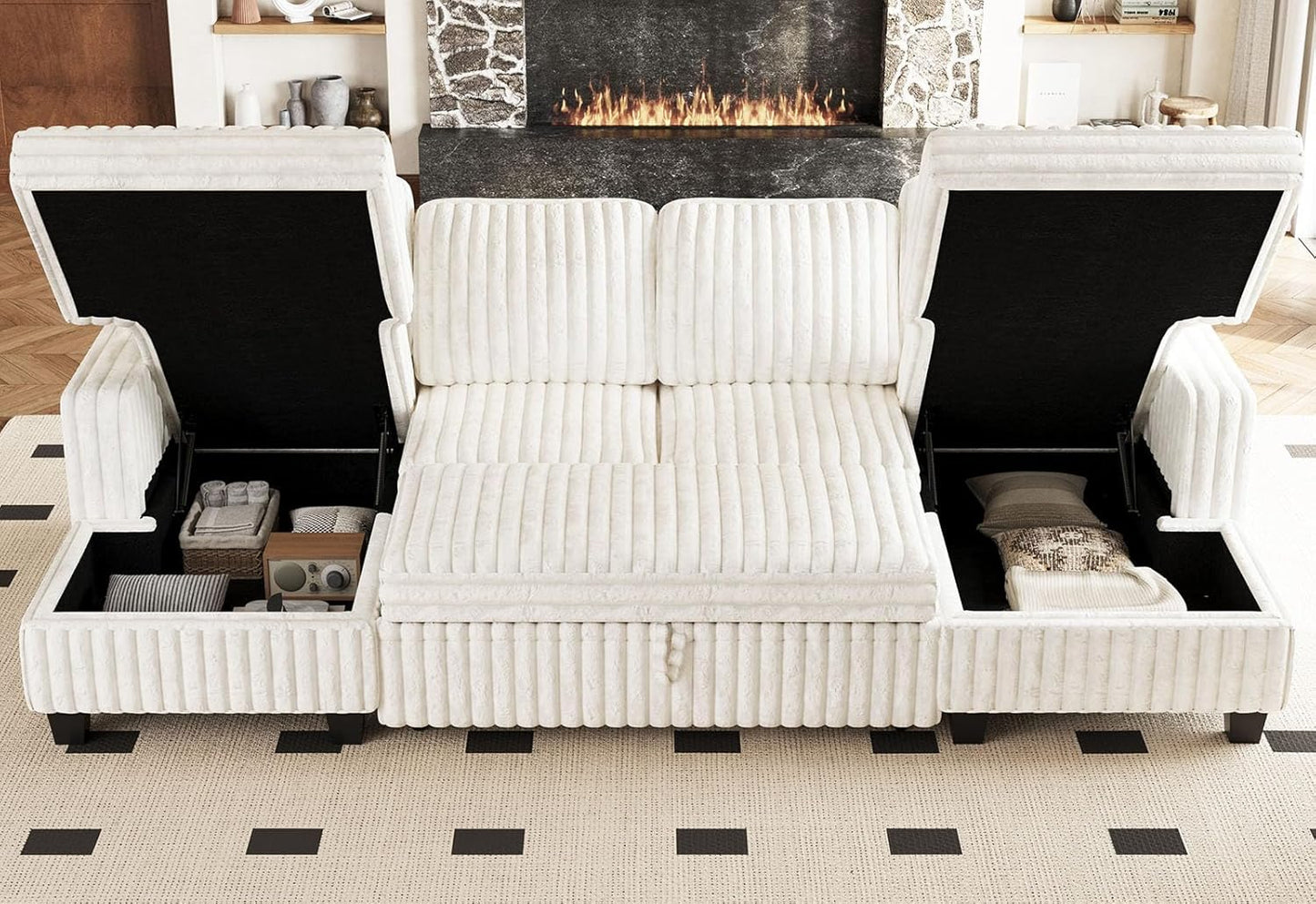 Belffin Modular Sectional Sleeper Sofa with Pull Out Couch Bed Corduroy Double Chaise with Storage White Couch