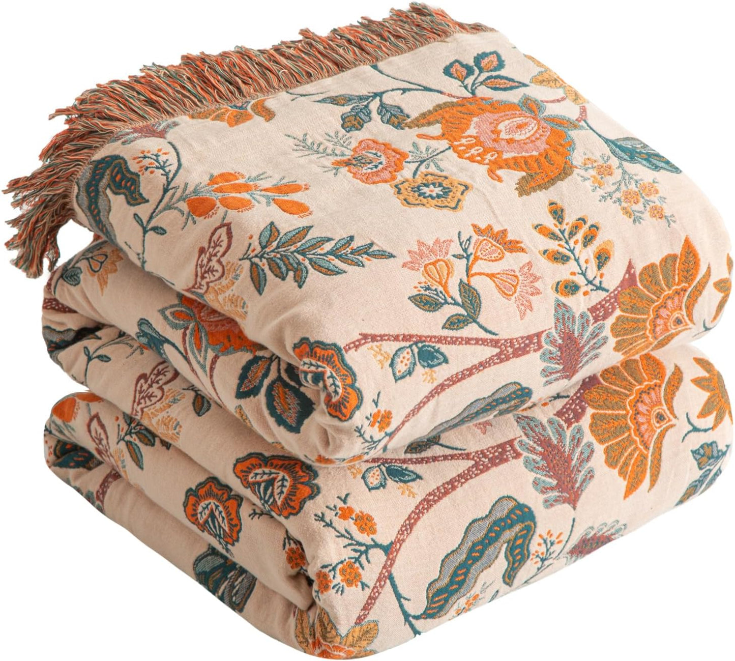Boho Throw Blanket for Bed 90”x98”, 100% Cotton Woven Blanket for Couch Sofa, Ultra Soft 4-Layer Muslin Quilt with Floral Printed, Farmhouse Bed Blanket/Cover for Living Room Decor