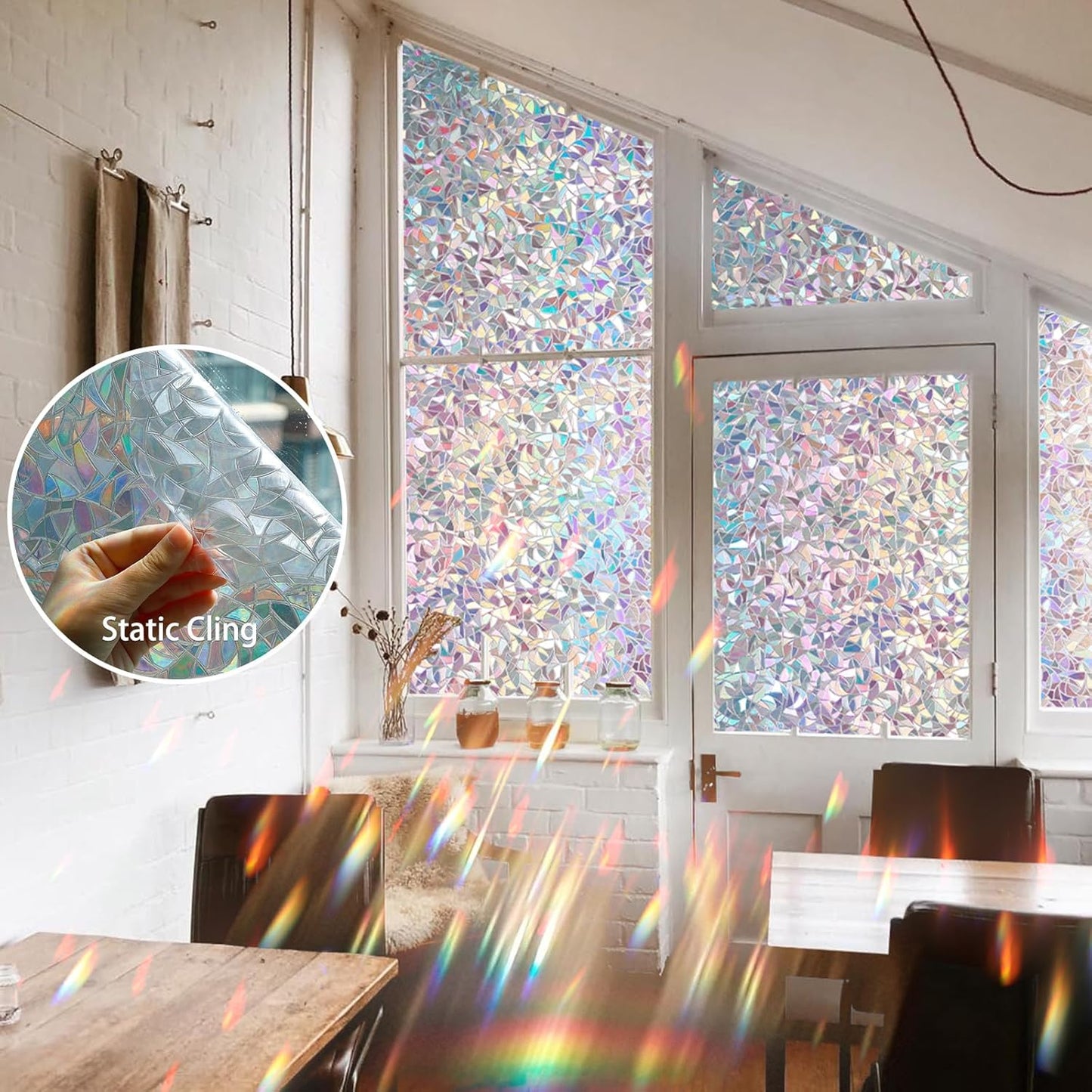 Rainbow Window Privacy Film 3D Decorative Stained Glass Window Film Anti UV Non-Adhesive Reusable 23.6" x 157.4" for Home Room Car Glass Cling