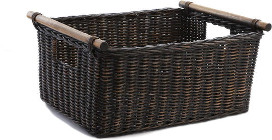 The Basket Lady Pole Handle Wicker Storage Basket, Large, 18 in L x 14.5 in W x 9 in H, Antique Walnut Brown