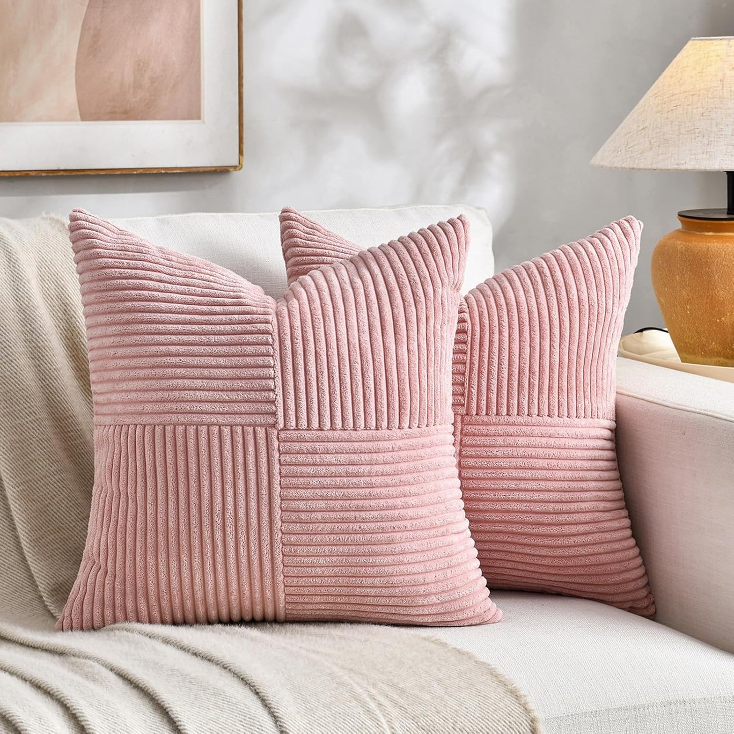Fancy Homi 2 Packs Blush Pink Euro Decorative Throw Pillow Covers 26x26 Inch for Couch Bed Bedroom, Farmhouse Boho Home Decor, Soft Corss Corduroy Patchwork Textured Square Cushion Case 66x66 cm