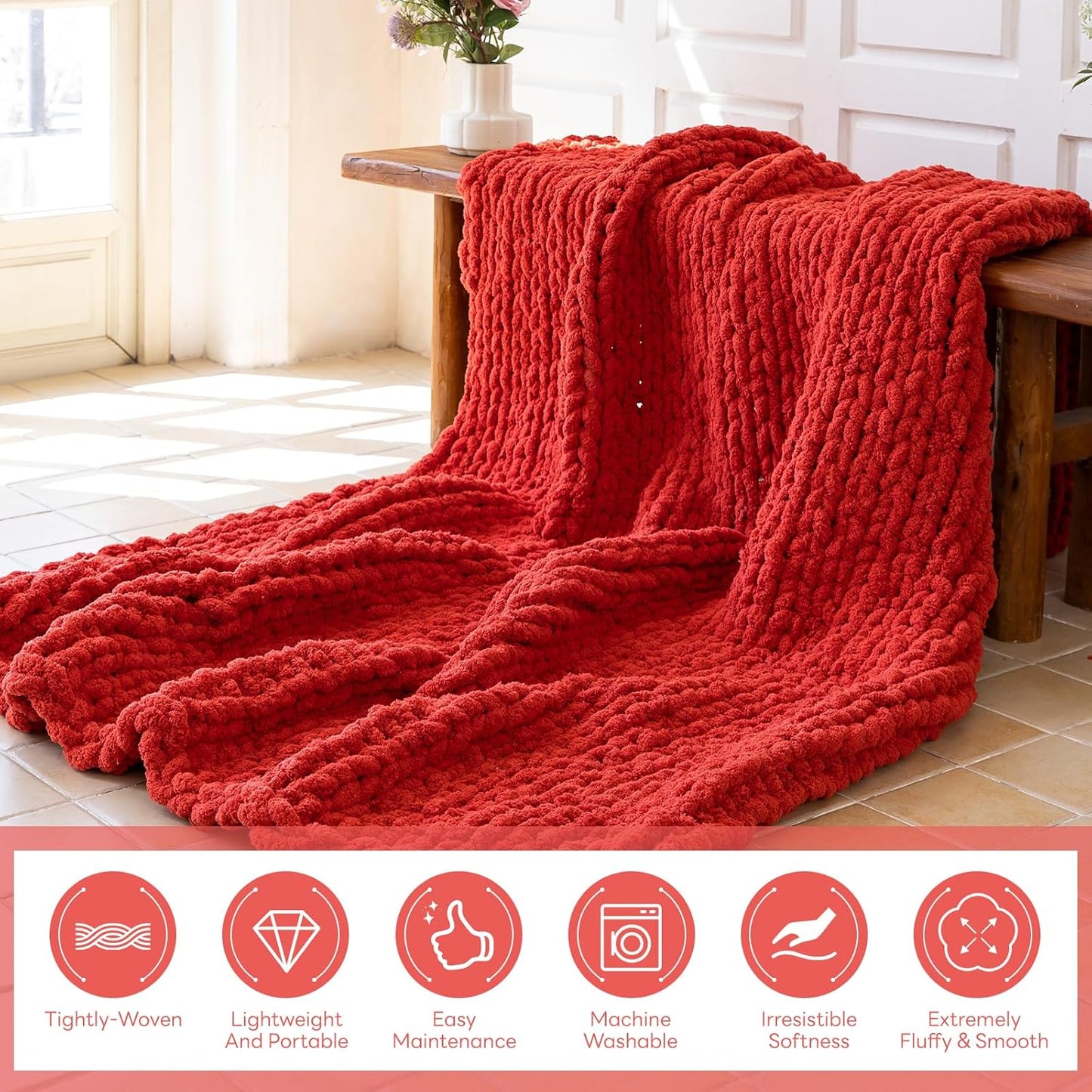 Chunky Knit Blanket - Luxury Soft Cozy 60 * 80 Throw Blanket,100% Woven Blanket Rope Knot Throw Blanket for Couch, Sofa, Home Decor, Gift - Machine Washable（Wine red）
