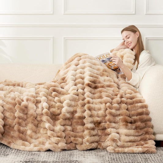 Cozy Bliss Faux Fur Throw Blanket for Couch, Cozy Warm Plush Striped Blanket for Sofa Bedroom Living Room, 60 * 80 Inches Tie-dye Kahki