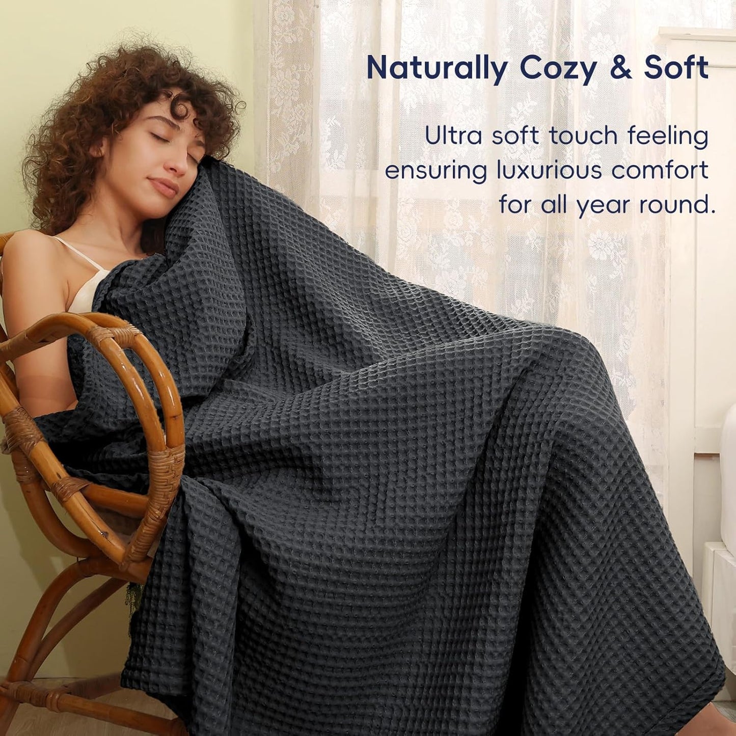 PHF Ultra Soft Waffle Weave Blanket Twin Size 66"x 90"- Washed Lightweight Breathablee Cozy Woven Blanket - Great for Couch Bed Sofa Home Car - Black