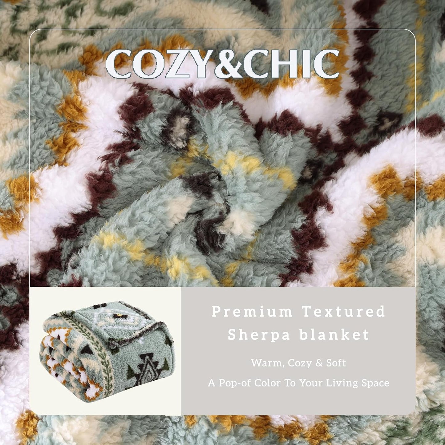 CASAAGUSTO Boho Sherpa Blanket, Aztec Twin Blanket,Ultra Soft, Warm, Cozy, Plush, Thick Fleece Throw Blanket for Couch, Bed, Sofa (Olive Green 60 * 80 Inch)