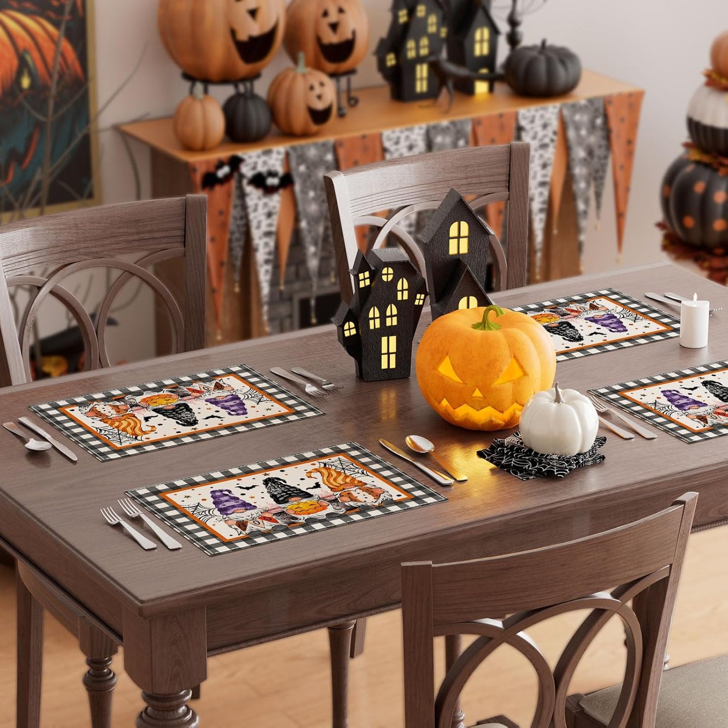 XCHI Spooky Boo Plaid Gnome Halloween Placemats Set of 6 Table Mats for Party Home Kitchen Dining Table Decorations 12x18 Inch