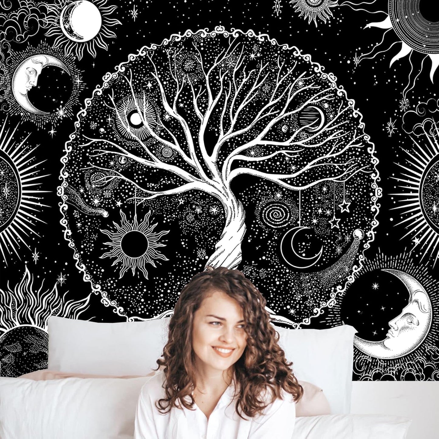 AACKart Tree of Life Tapestry for Bedroom Aesthetic Room Decor-Black and White Spiritual Tree Tapestry Wall Hanging with Sun Moon Star 59.1 x 51.2 inches