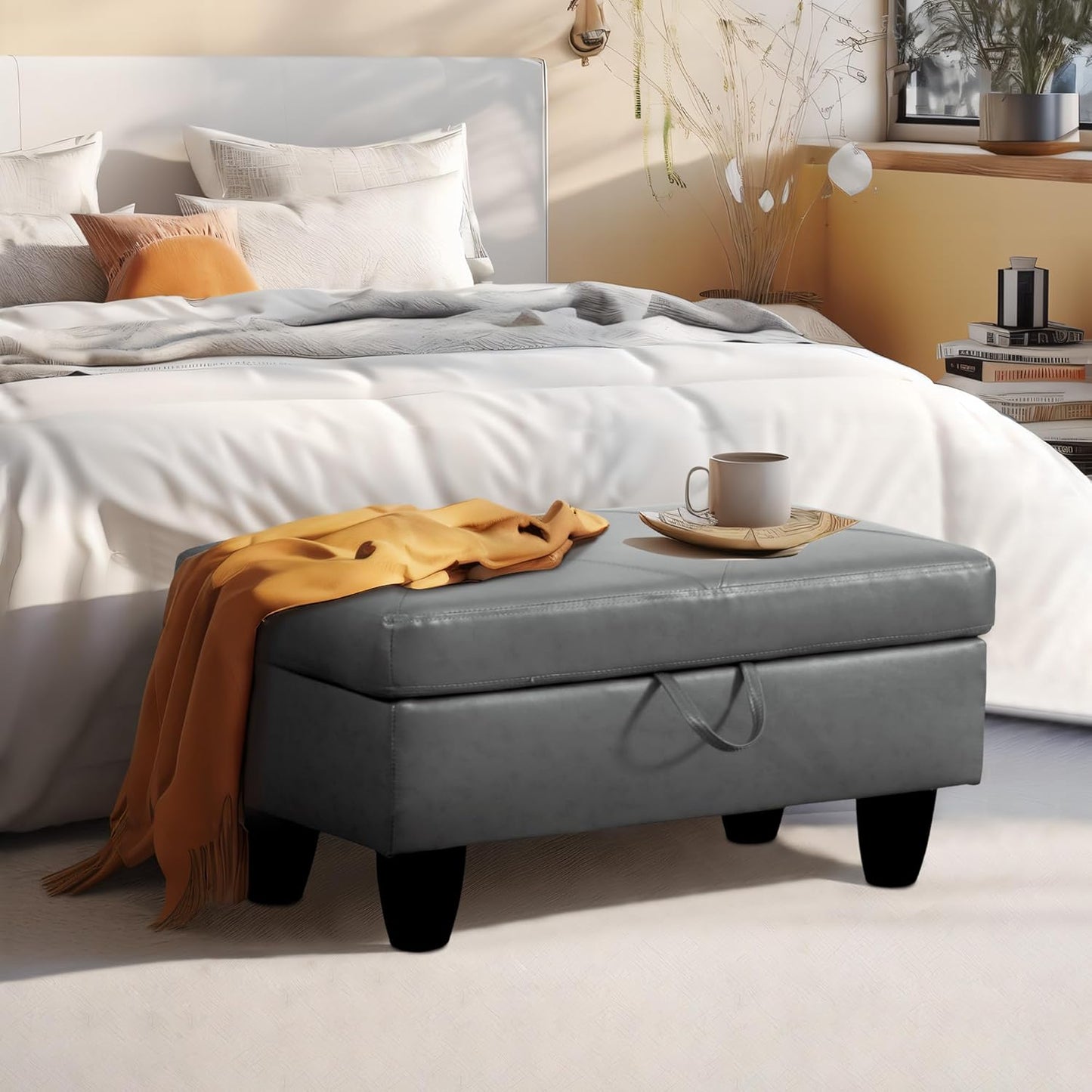 Ottoman Rectangular Storage Ottoman Bench, Faux Leather Footrest, Coffee Table, Stool Footstool with Hinged Lid for Living Room, Bedroom, Entryway, Gray, 28.5"x19"x17.5"