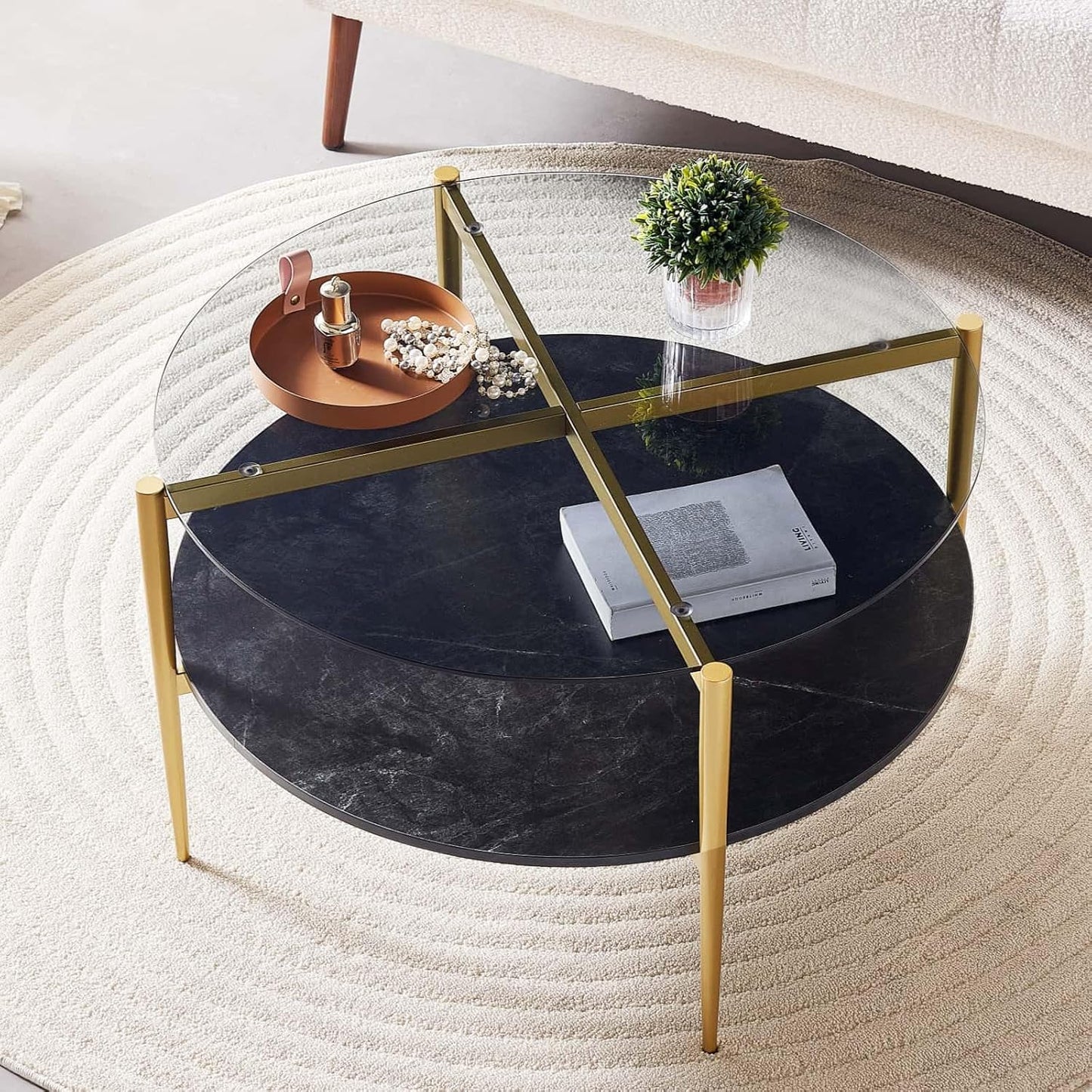 Round Coffee Table for Living Room, Mid-Century Modern Design, D30 x H17, 2-Tier Structure, Grey Glass Top and Black Marble Finish Wood Shelf, Sleek Conical Metal Legs with Gold Finish Frame
