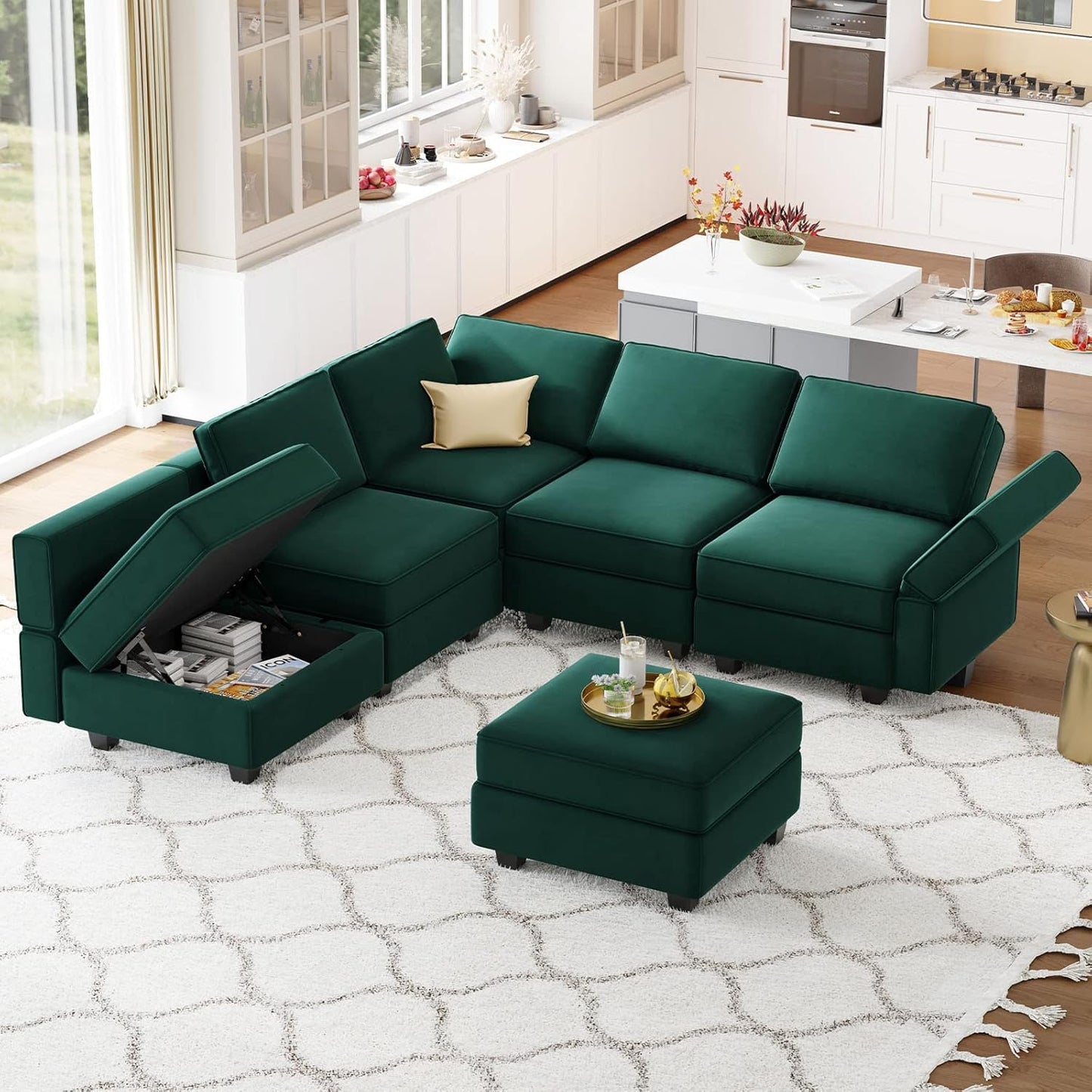 Belffin Modular Velvet Sectional Sofa with Chaise Lounge Sectional Sleeper Sofa with Storage Chaise Bed Couch for Living Room Green