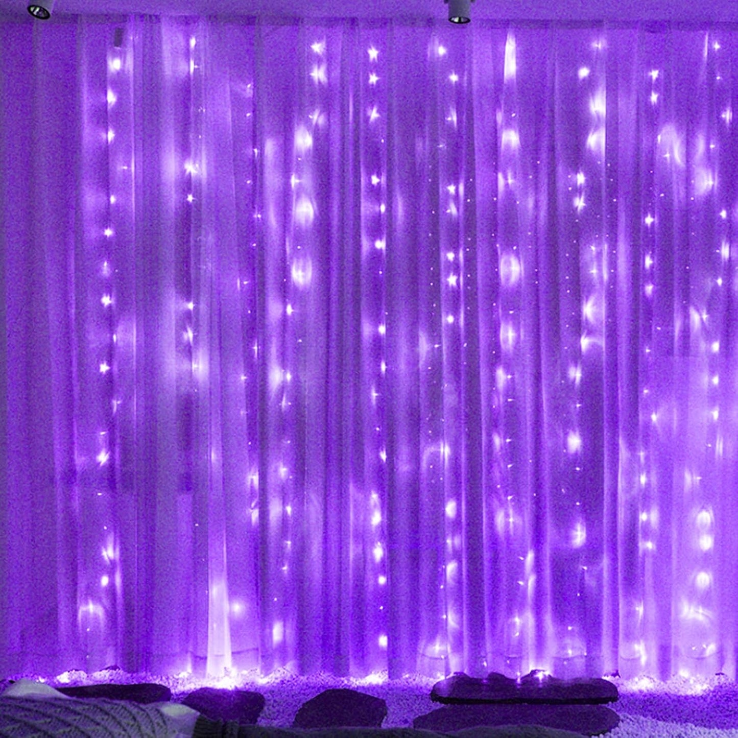 HOME LIGHTING Window Curtain String Lights, 300 LED 8 Lighting Modes Fairy Copper Light with Remote, USB Powered for Halloween Christmas Bedroom Party Wedding Home Garden Wall Decorations, Purple