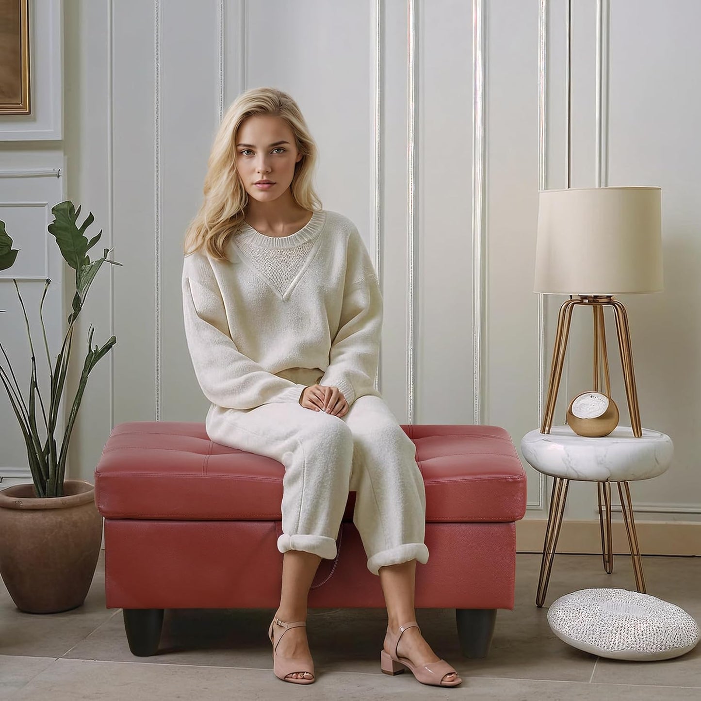 Ottoman Rectangular Storage Ottoman Bench, Faux Leather Footrest, Coffee Table, Stool Footstool with Hinged Lid for Living Room, Bedroom, Entryway, Red, 35"x23.5"x17.5"