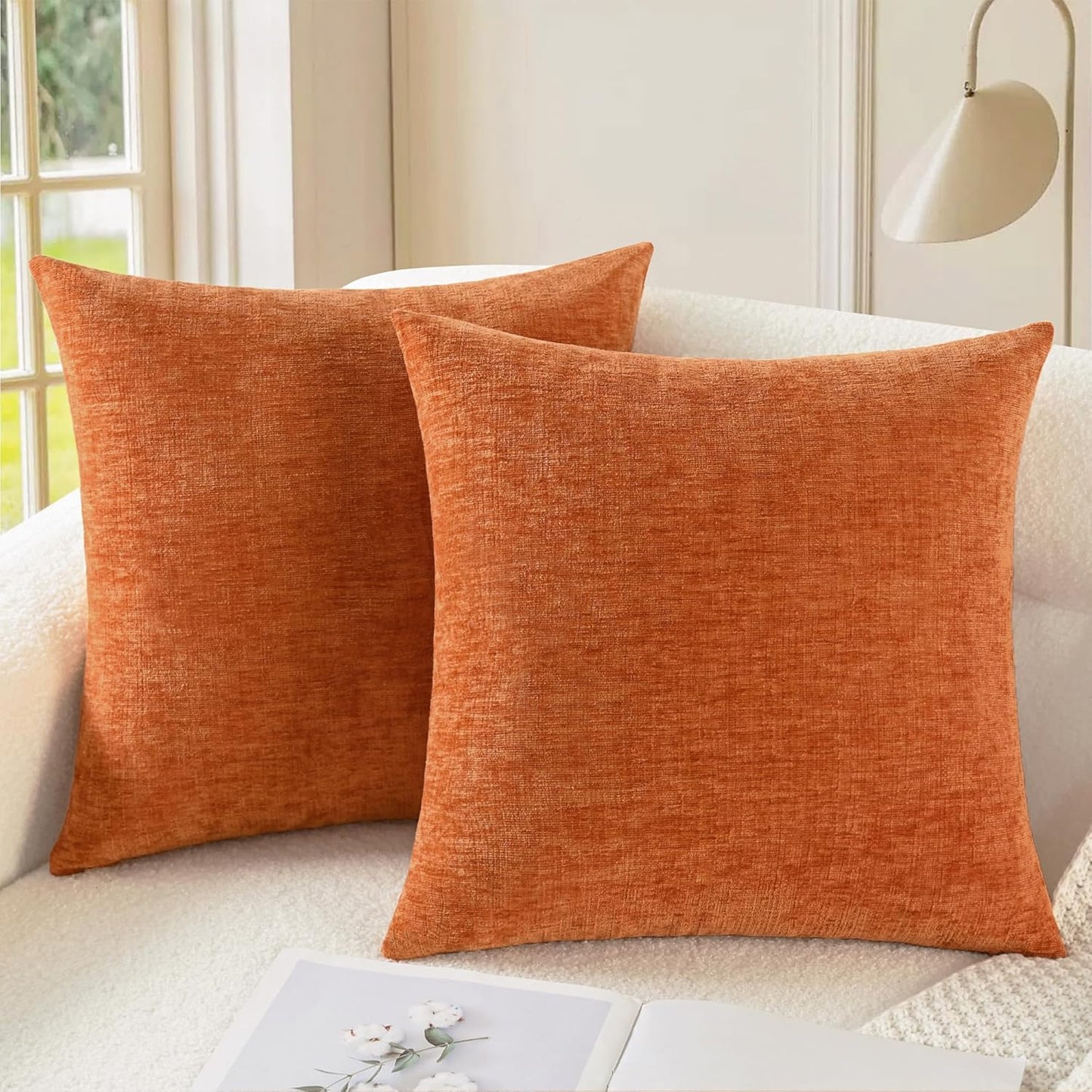 CaliTime Fall Throw Pillow Covers Decorative 18 X 18 Inches Pack of 2 Cozy Chenille Cushion Cases for Couch Sofa Bed Living Room Home Burnt Orange