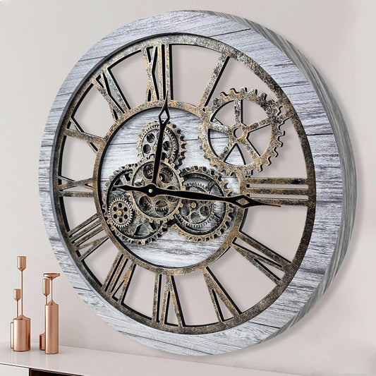 The B-Style Large Wall Clock 24 inch Moving Gear Wall Clock Oversized Vintage Farmhouse Wall Clocks for Living Room Decor Rustic Industrial Wood Clock (Silver Gray and Bronze)