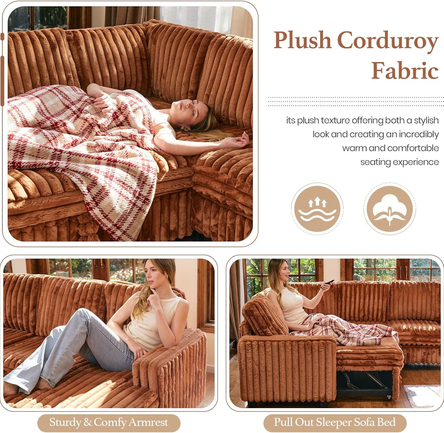 Belffin Plush Corduroy Modular Sectional Sofa with Pull Out Bed Convertible Small Sectional Corner Couch for Living Room Brick Red Couch