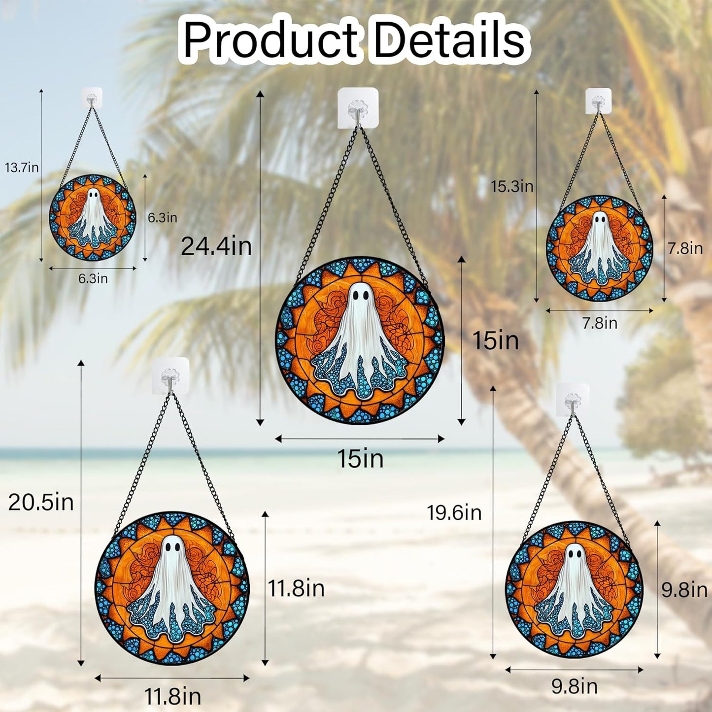 Stained Glass Window Hanging - Halloween Decorations White Ghost Suncatcher for Doors Garden Indoor Spooky Funny Blue Sun Catchers Gothic Decor Horror Gifts for Women Men Friend 7.8 in