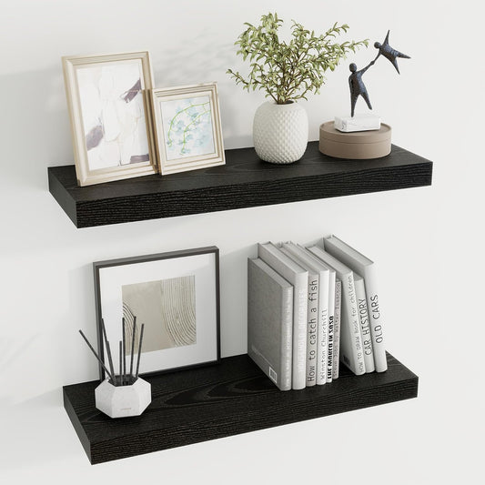 24 inch Floating Shelves Long Floating Shelves for Wall Large Wall Mounted Shelves with Invisible Brackets, Black Shelves for Bathroom, Living Room, Kitchen, Office, 24x6.7 inch deep Set of 2