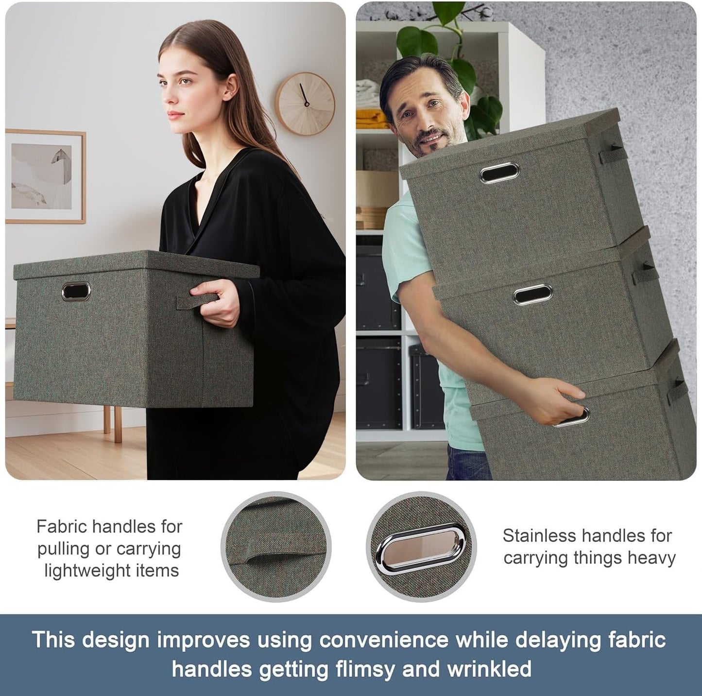 Large 17" 36 Quart Collapsible Stackable Storage Bins with Lids, 3 Packs Dark green Foldable Fabric Closet Storage Boxes with Lids, Heavy-duty Linen Cube Baskets(17x12x11)