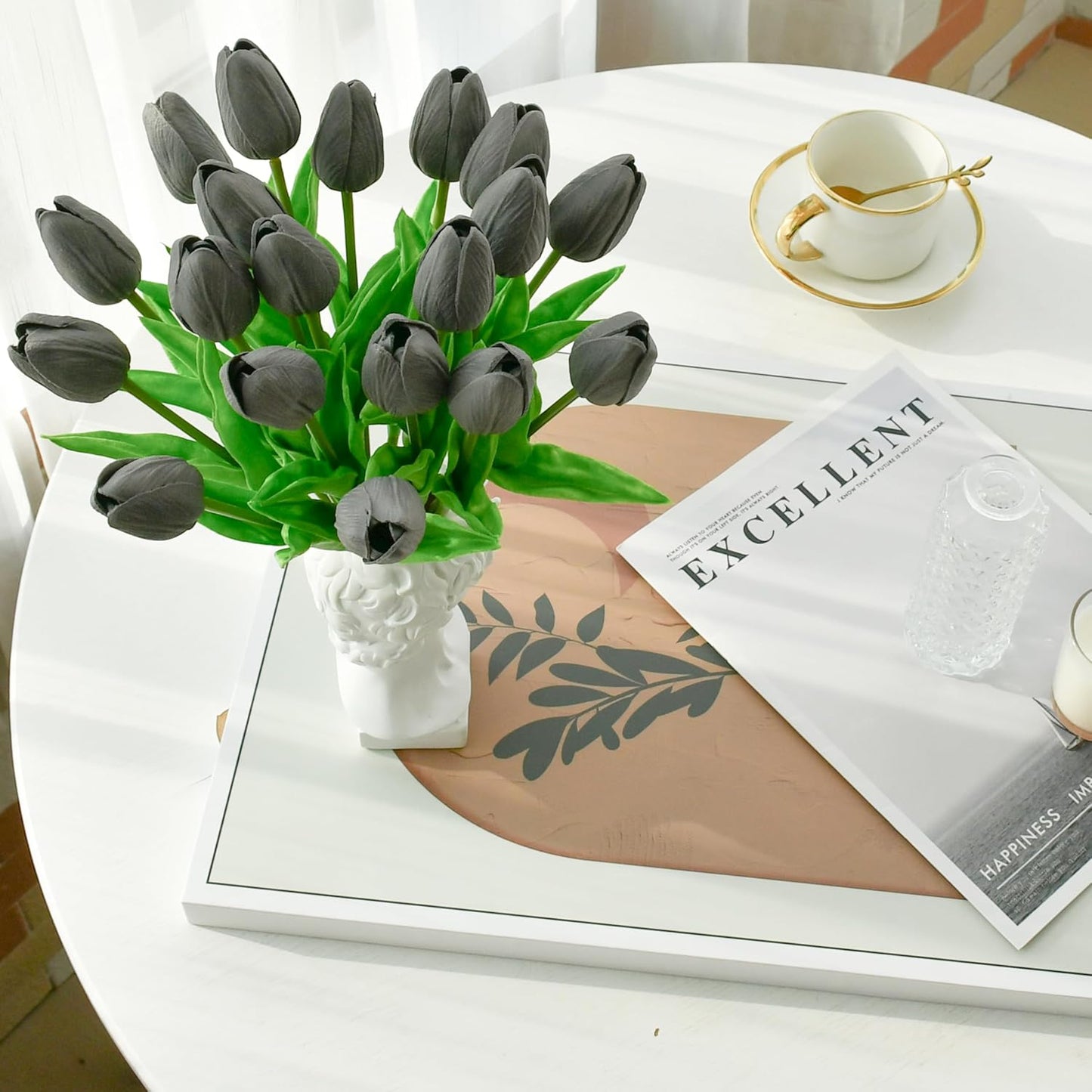 Mandy's Artificial Tulips 20 Stems Dark Grey PU Faux Flowers for Wedding Home Decor 13.5 Inch