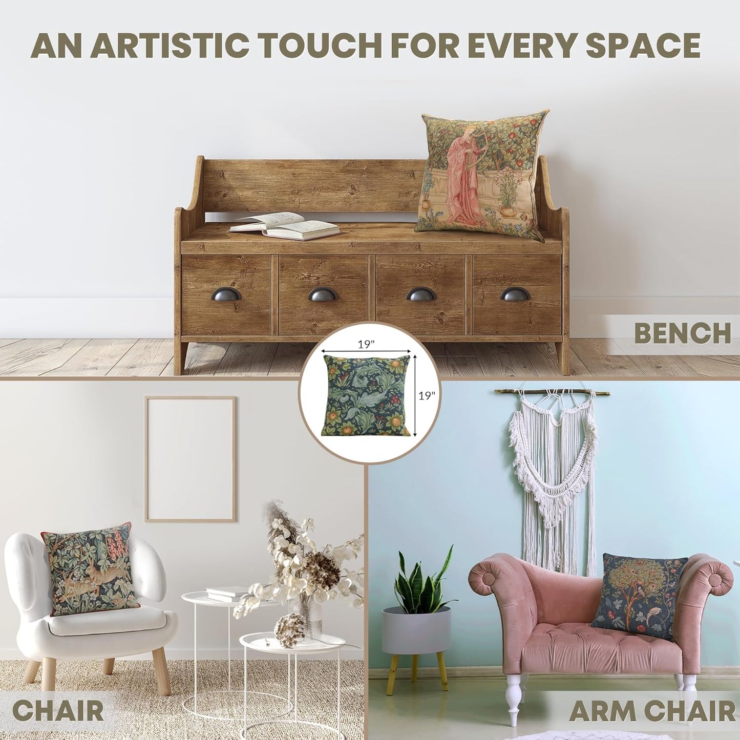 Charlotte Home Furnishings Decorative Tapestry Pillow Cover 19x19 in, Blue Tree Couch Throw Pillow Cover, French Country Square Cushion Cases for Living Room Home Decor, Soft Cotton Jacquard Woven