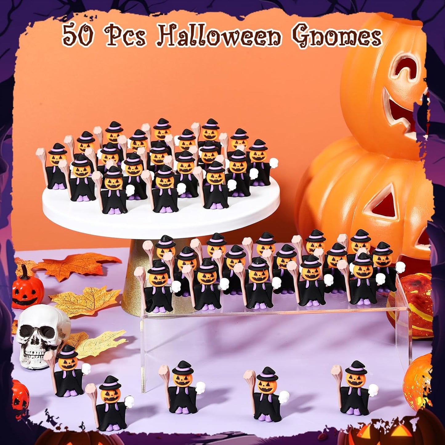 50 Pcs Halloween Mini Figurines Tiny Pumpkin Figures to Hide and Seek Rubber Wizard Miniatures Ornaments Gifts for Halloween Party Favors Table Decorations(Wizard)