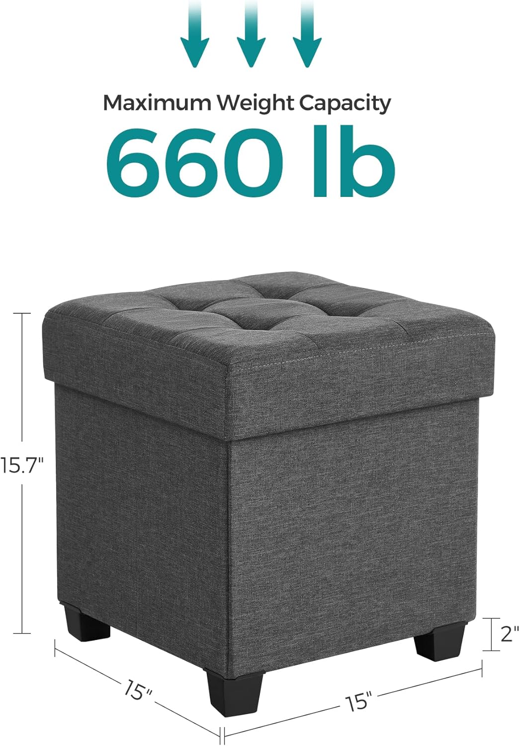 SONGMICS 15 Inches Cube Storage Ottoman, Bedroom Bench with Storage, Foot Stool with Feet, Holds Up to 660 lb, Dark Gray ULSF14GYZ