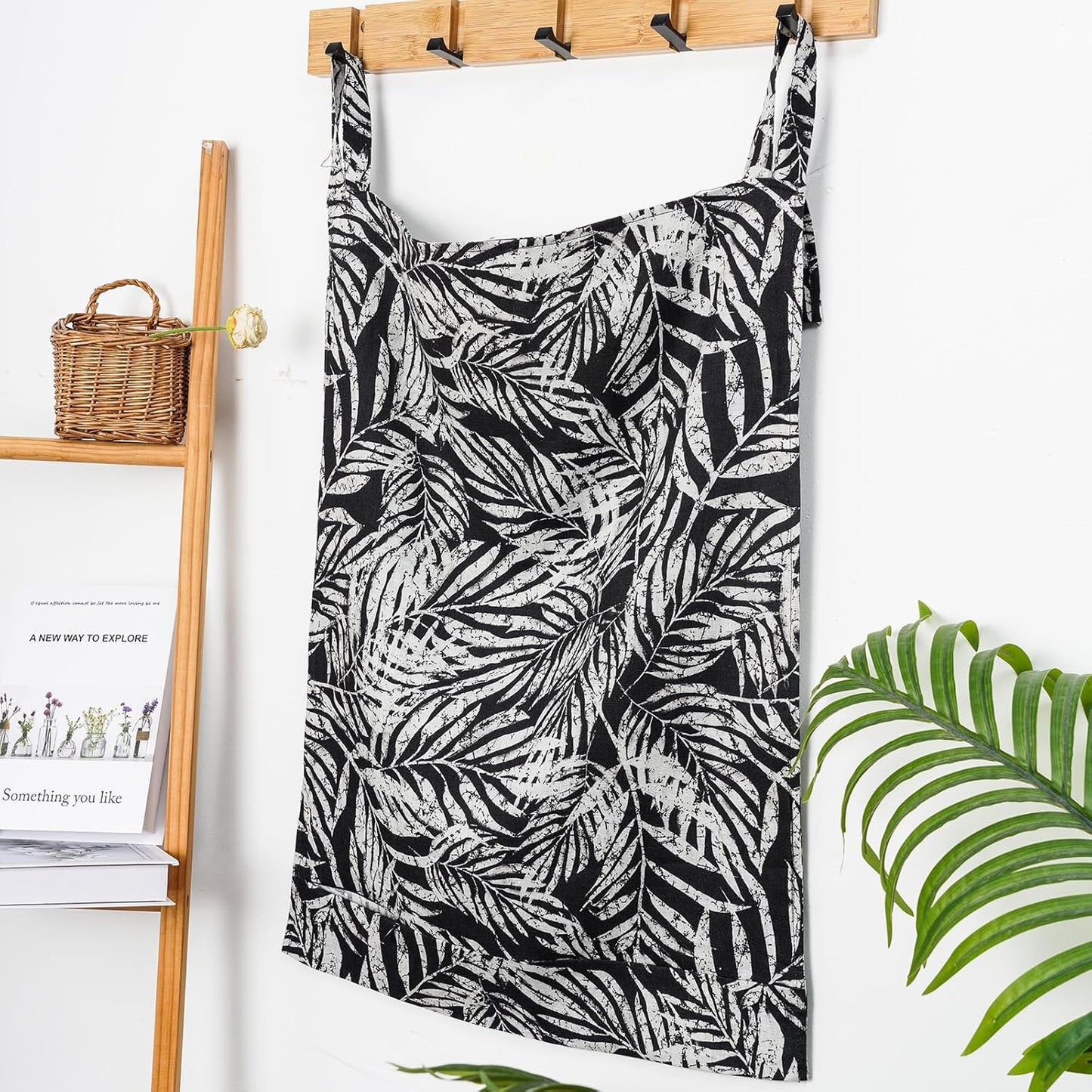 Linen Hanging Laundry Bag, 100% Linen Leaf Print Over The Door Laundry Hamper with Buttons and Zipper, Space Saving Door Hampers for Laundry Dirty Clothes Home Travel, Black, 19.7x27.5inches