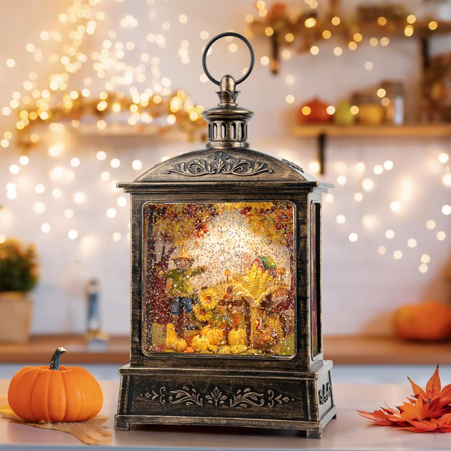 12.5'' Fall Snow Globe Lantern - Scarecrow and Turkey Lighted Water Lantern with Swirling Glitter Fall Decorations for Home, Thanksgiving, Autumn Harvest Fall Decor