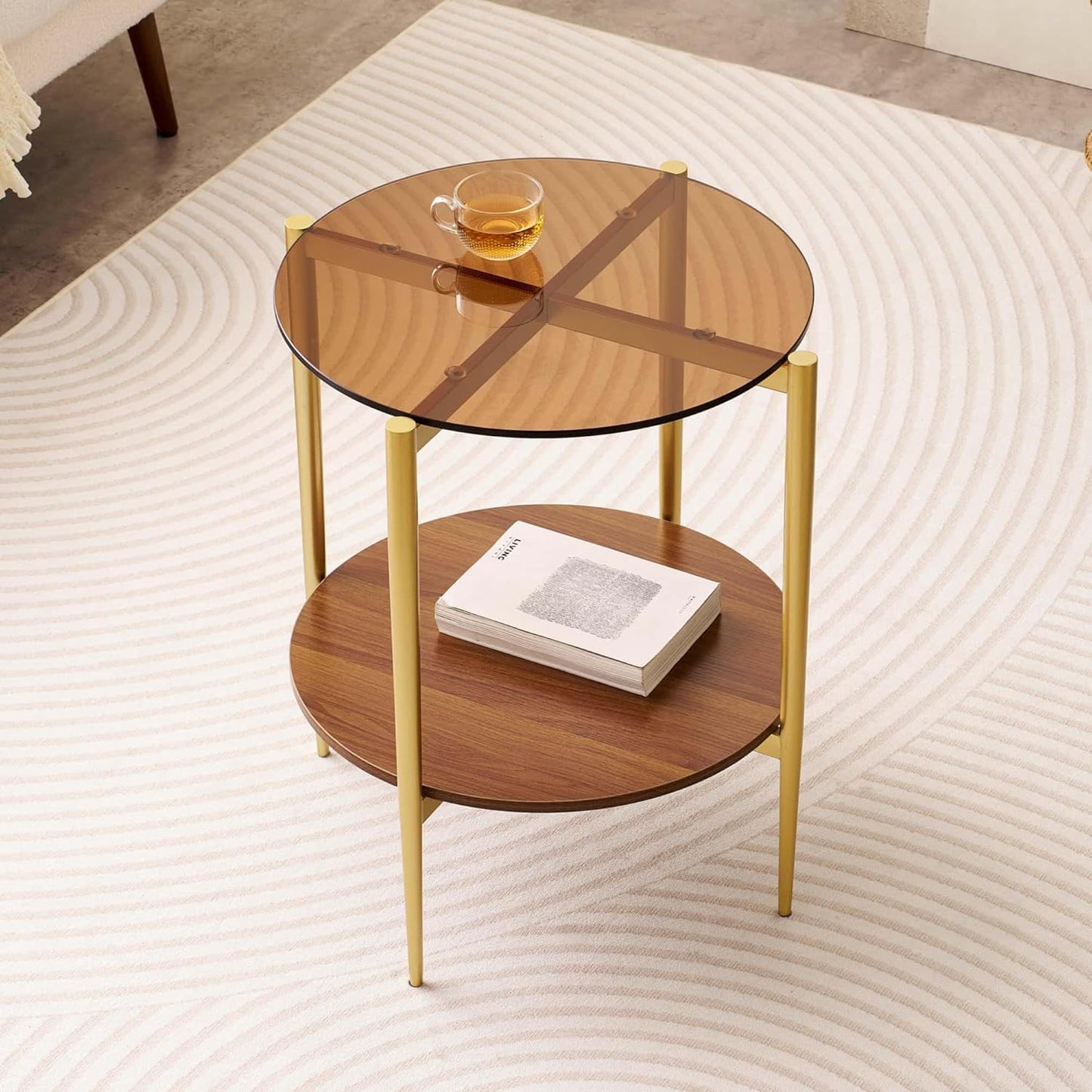 Round Glass End Table, Mid-Century Modern Design Sofa Table for Living Room, D18 x H23, 2-Tier Structure, Amber Glass Top and Walnut Shelf, Sleek Conical Legs with Gold Finish Frame