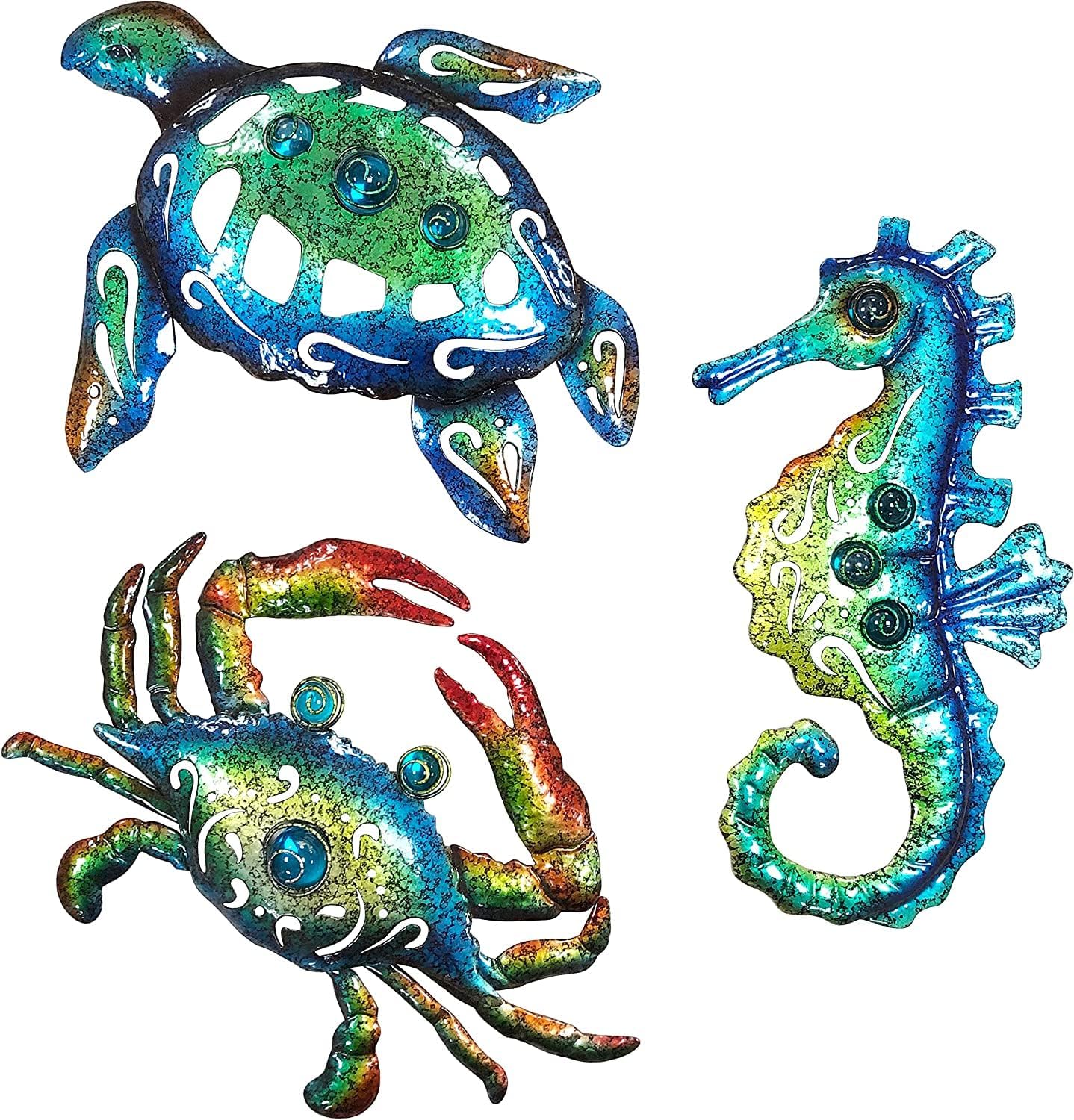 Weibefee Metal Sea Turtle Seahorse Crab Beach Themed Bathroom Wall Art Decor, Ocean Themed Wall Decorations for Home Bathroom,10 Inch, Set of 3…