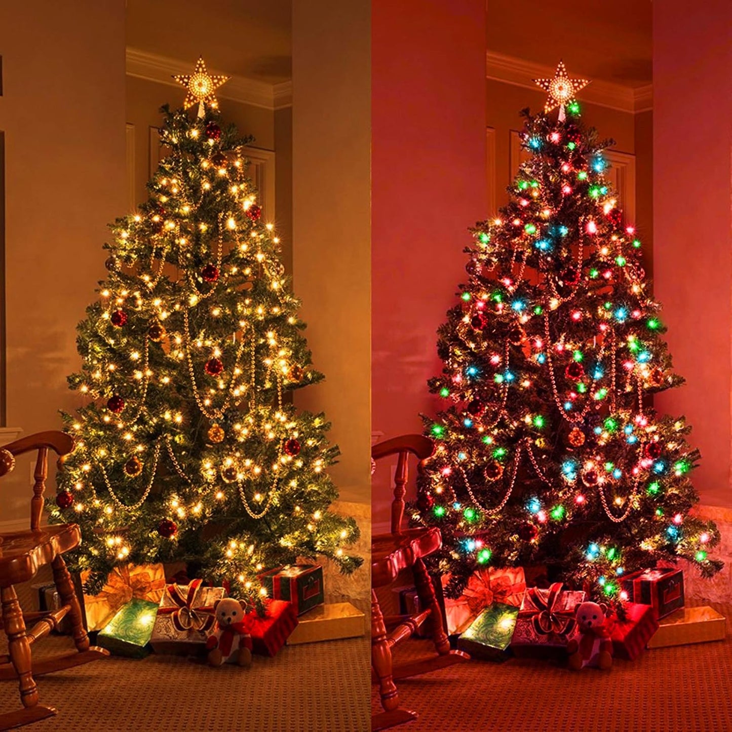 XTF2015 Christmas Outdoor Indoor Lights, 105ft 300 LED End to End Connected 9 Modes Timer Remote Christmas String Lights for Trees, Patio, Garden, Party, Wedding, Holiday (Warm White + Multicolor)