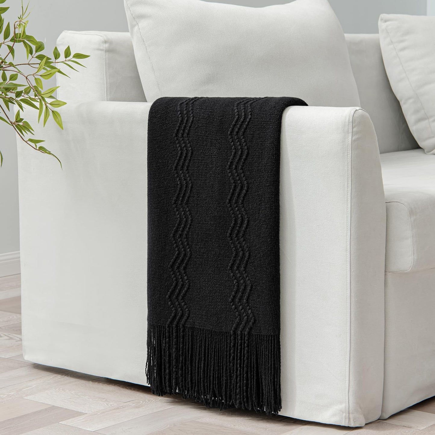 MIULEE Black Knitted Throw Blanket for Couch Textured Knit Blanket with Tassels Cozy Woven Boho Bed Blanket for Sofa Bed Chair Acrylic Wave Pattern 50"x60"