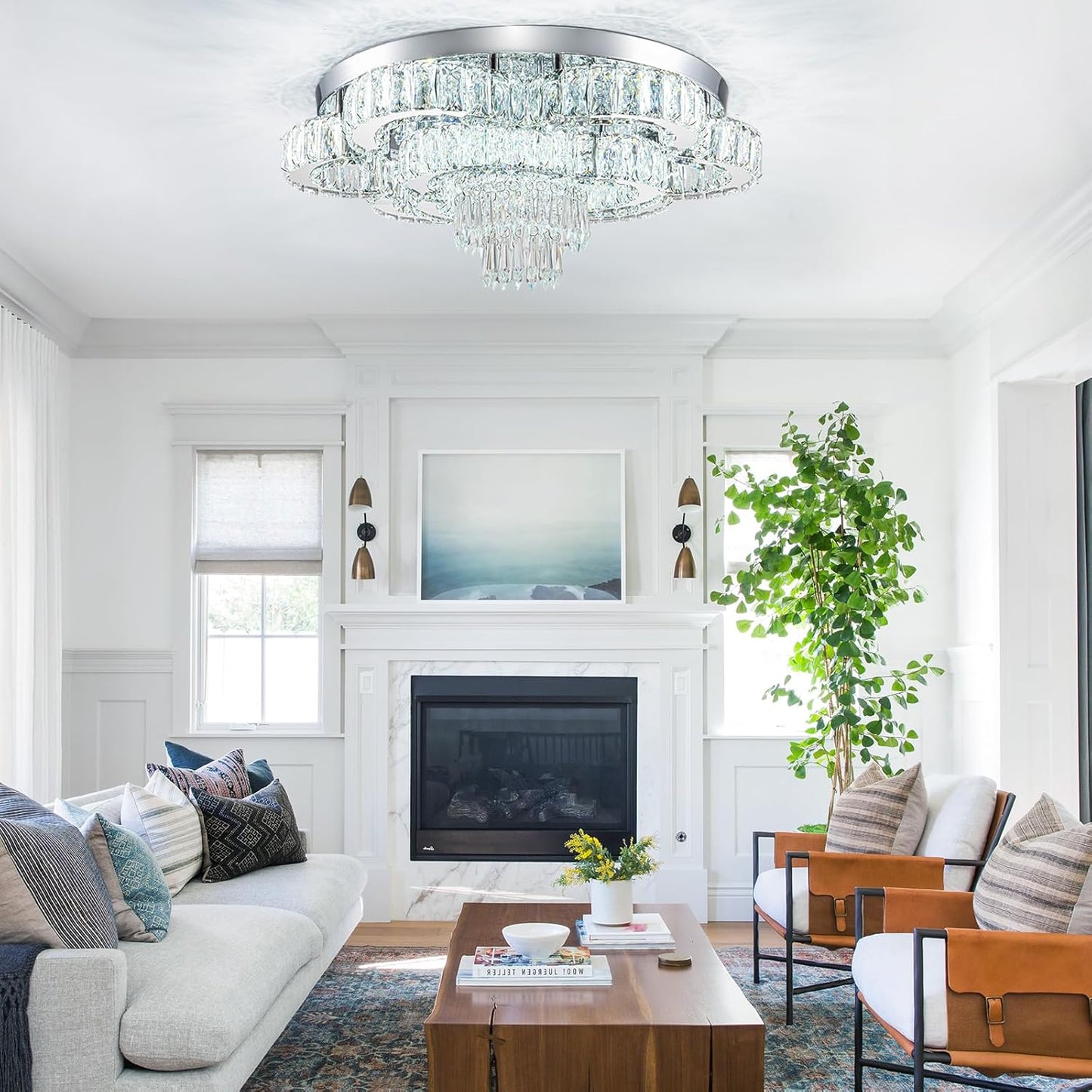 21 Inch Crystal Chandeliers with Remote Control LED Chandelier Modern Mount Flush Mount Chandelier Ceiling Light Fixtures for Bedroom Living Room Dining Room(Dimmable)