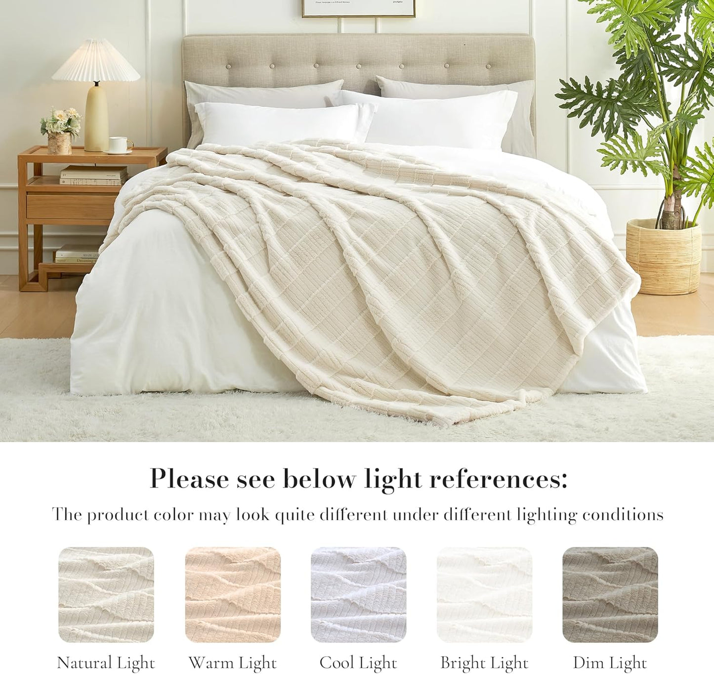 Amélie Home Luxury Striped Faux Fur Throw Blanket for Couch, Embossed Split Fur Cozy Fuzzy Fluffy Luxurious Soft Plush Sofa Chair Bed Gift Blankets for Women Men Wife Friend, 88"x90", Ivory