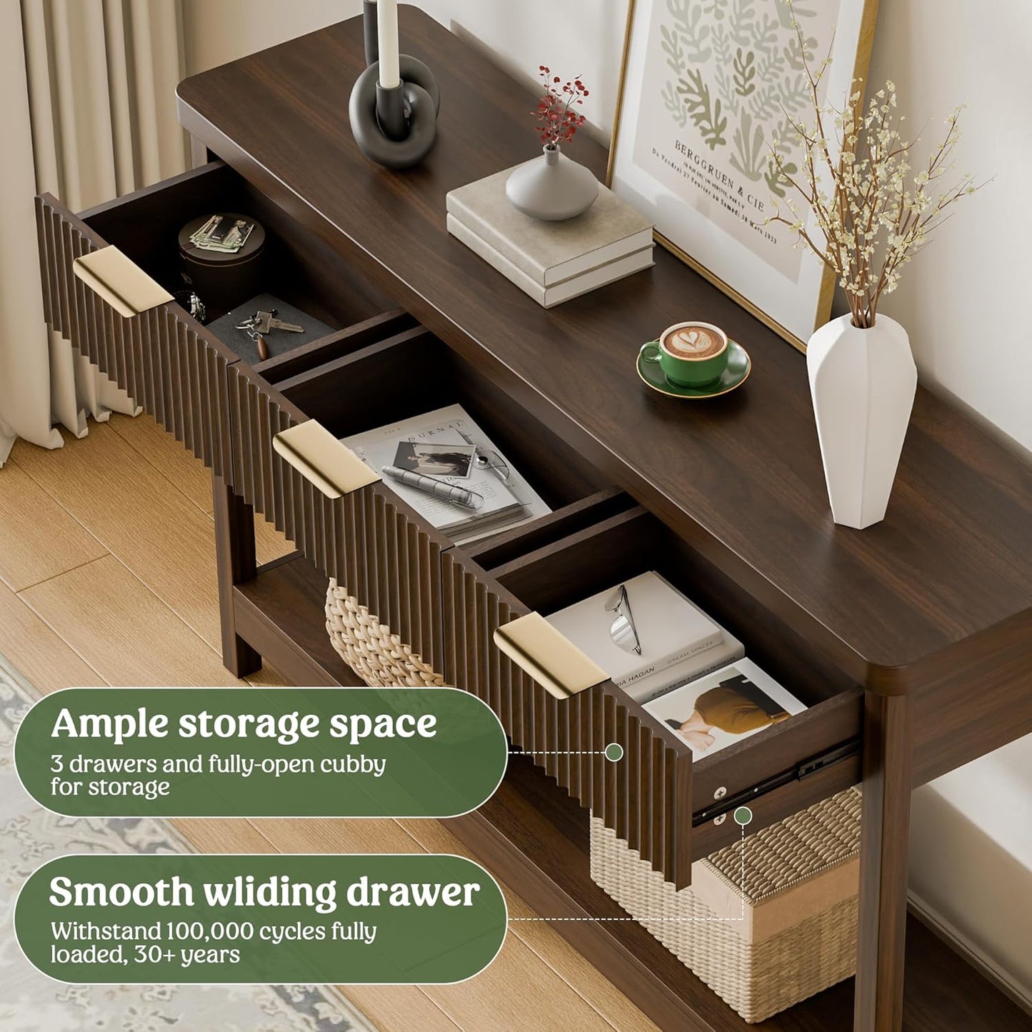 Lulive 51" Fluted Console Table for Entryway, Entryway Table with 3 Wooden Drawers, Farmhouse Behind Sofa Table for Living Room, Hallway, Couch, Foyer