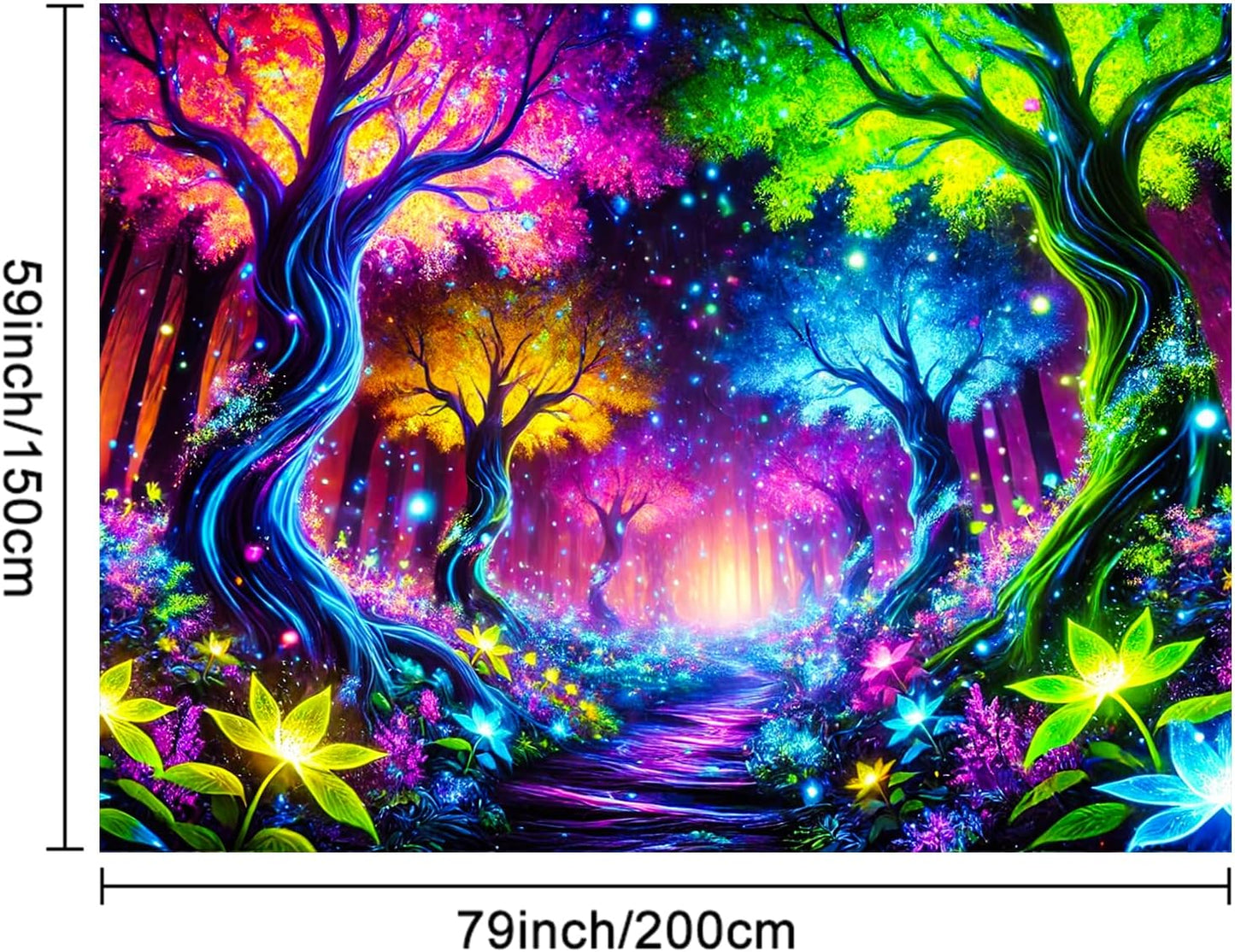 BlissYard Enchanted Neon Forest UV Black Light Tapestry 78x59 Inches Art Color Neon Light Background Bedroom Living Room Wall Party Decoration Psychedelic Pathway Fantasy Nature Magic Glow Decor