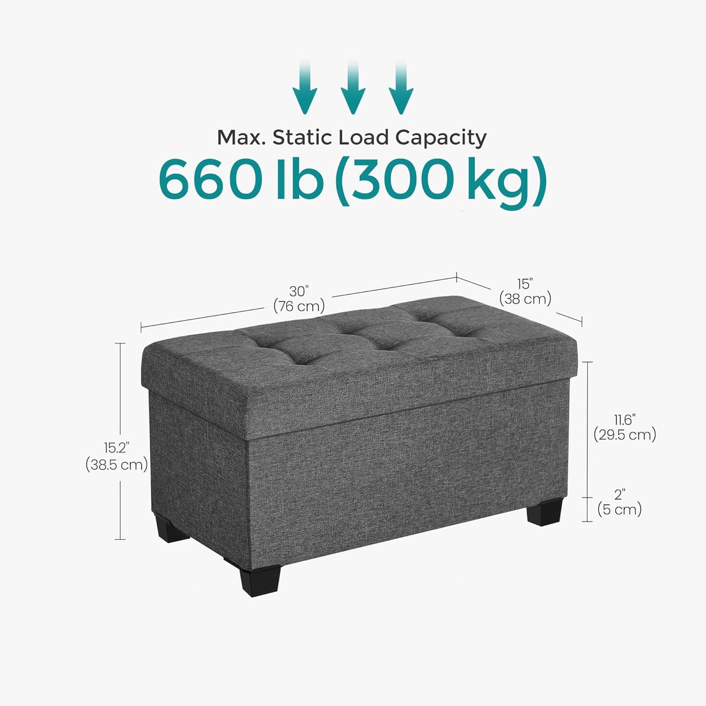 SONGMICS Storage Ottoman Bench, Foldable Foot Rest with Legs, 15 x 30 x 15.2 Inches, End of Bed Bench, Storage Chest, Load up to 660 lb, for Living Room, Bedroom, Entryway, Slate Gray ULSF16GYZ
