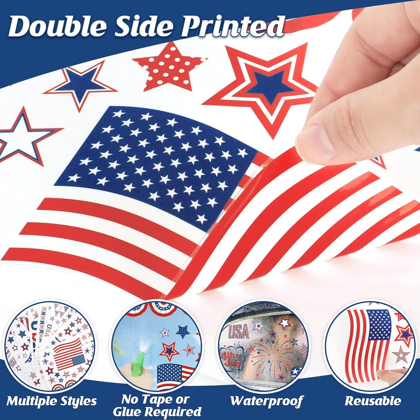 158 Pcs 4th of July Window Clings, 9 Sheets Patriotic Window Clings Decals, Watercolor Double-Sided American Flag Stars Firework Window Stickers for Independence Day Parade Veterans Memorial Day Decor
