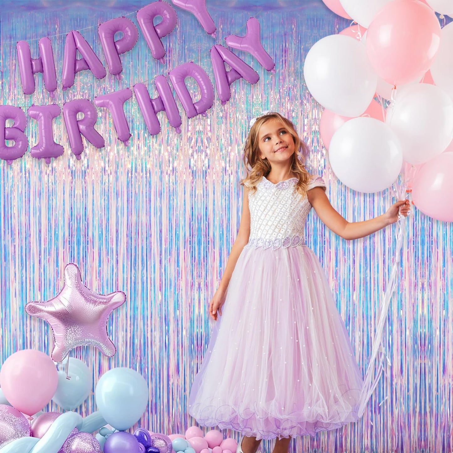 GOER 3.2 ft x 6.5 ft Metallic Tinsel Foil Fringe Curtains Photo Backdrop Party Streamers for Mermaid Birthday Party Decorations(3 Packs,Neon Blue)