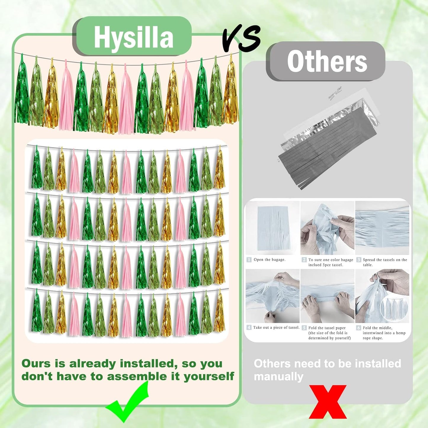 4P Sage-Green Pink-Gold Foil Fringe Metallic Tassel Garland, Tassels Banner Streamers for Parade Floats, Bachelorette, Wedding, Birthday, Halloween, Christmas, Bridal/Baby Shower Party Decorations