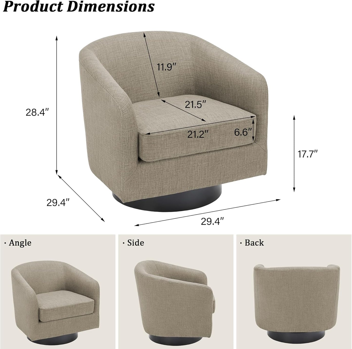 Swivel Barrel Accent Chair, Modern Round Linen Arm Chair for Living Room, Bedroom, Comfy Club Reading Chairs for Adults, Linen Fabric, Light Brown, Set of 2