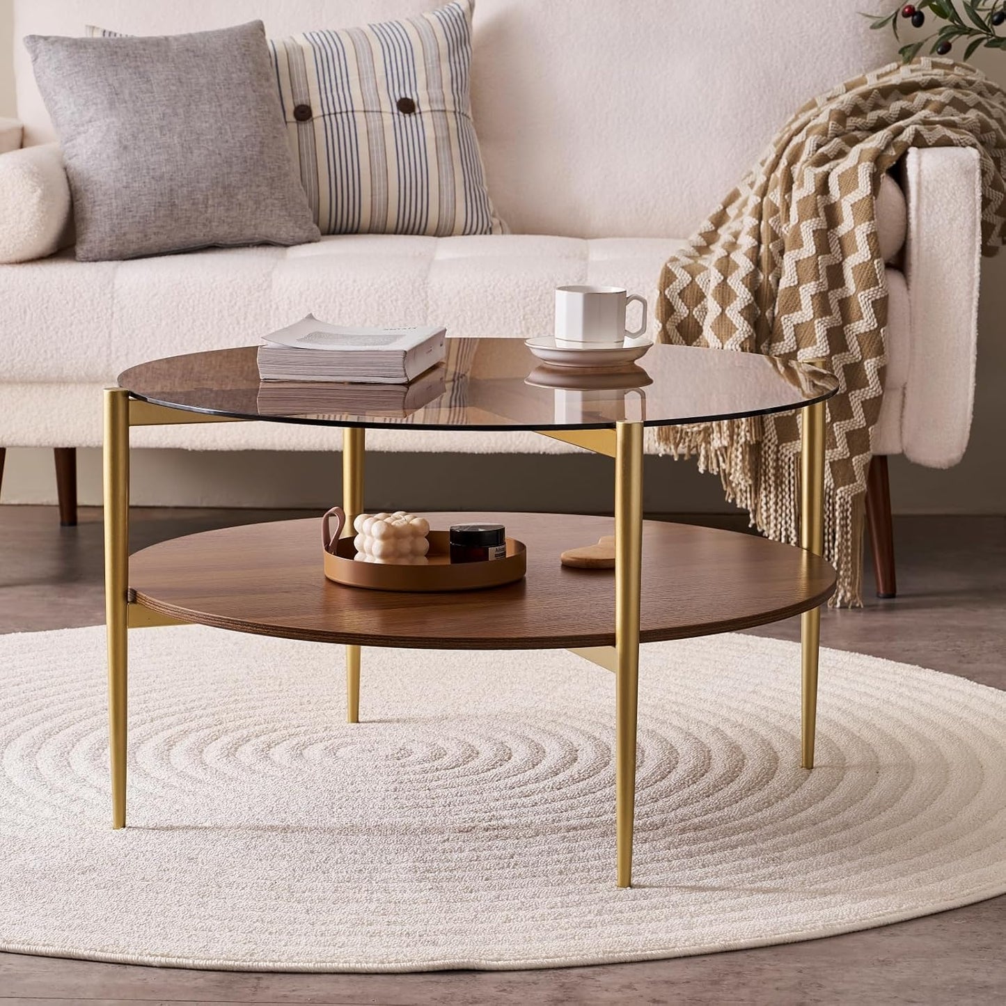 Round Coffee Table, Mid-Century Modern Design, D30 x H17, for Living Room, 2-Tier Structure, Amber Glass Top and Walnut MDF Shelf, Sleek Conical Metal Legs with Gold Finish